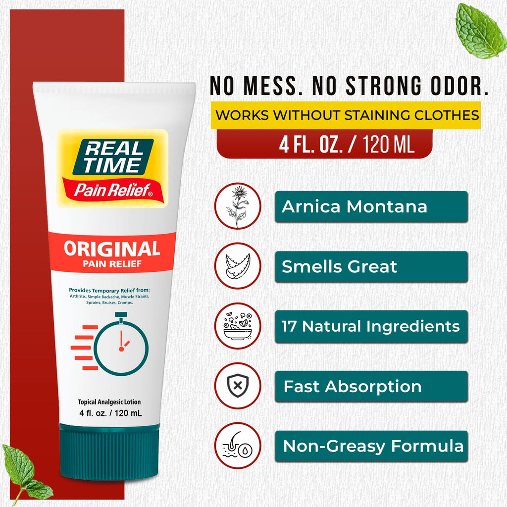 Real Time Pain Relief Cream 4oz Tube | 17 Natural Ingredients: 1.25% Menthol, Arnica & MSM | Muscle Strain & Joint Discomfort Relief for Arthritis, Cramps, Sprains, Bruises, Hands, Back & Knee Pain Real Time Pain Relief Au supplements