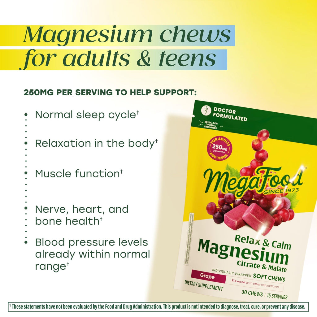 MegaFood Relax + Calm Magnesium Complex with Magnesium Citrate & Malate for Heart Health, Muscle Tension & More – Doctor Formulated - Vegetarian – Grape Flavor - 30 Soft Chews (15 Servings) MegaFood Au supplements