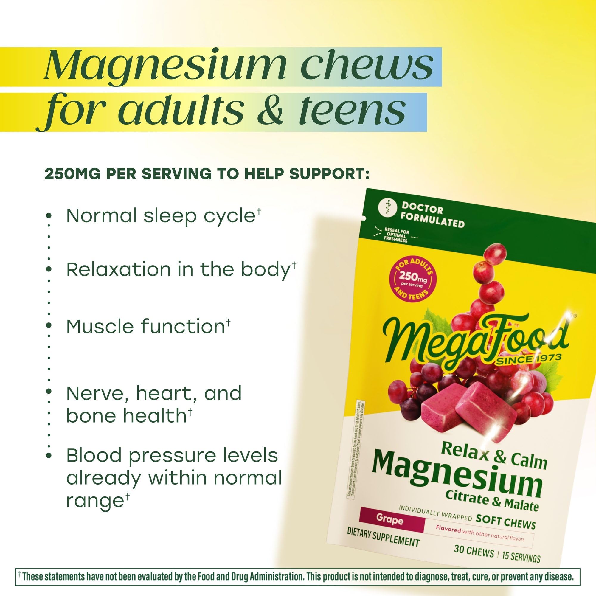 MegaFood Relax + Calm Magnesium Complex with Magnesium Citrate & Malate for Heart Health, Muscle Tension & More – Doctor Formulated - Vegetarian – Grape Flavor - 30 Soft Chews (15 Servings) MegaFood Au supplements