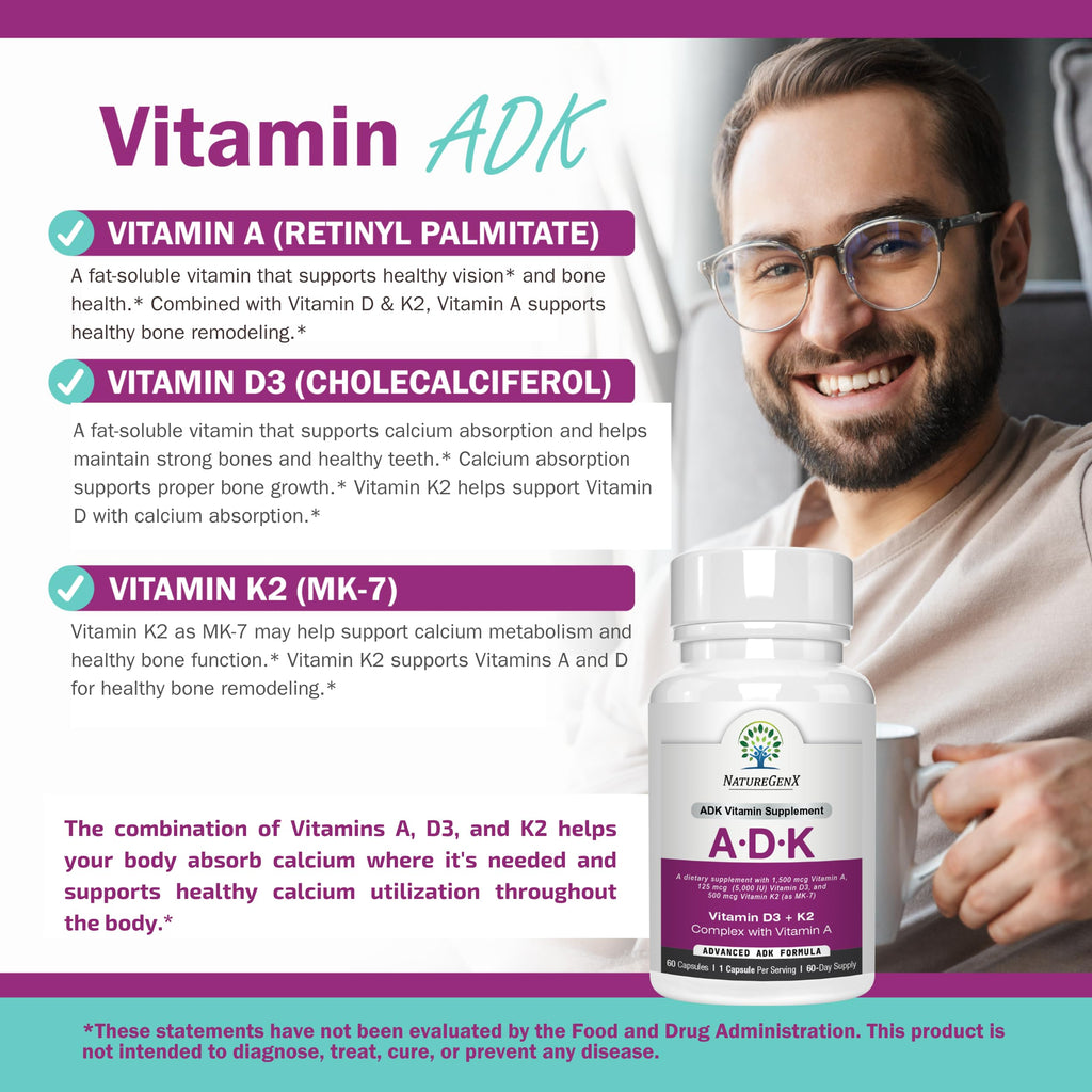 NatureGenX ADK Vitamin Supplement – Vitamins A, D3 & K2 MK-7 for Bone Health & Calcium Absorption – Gluten-Free, Non-GMO, Soy-Free