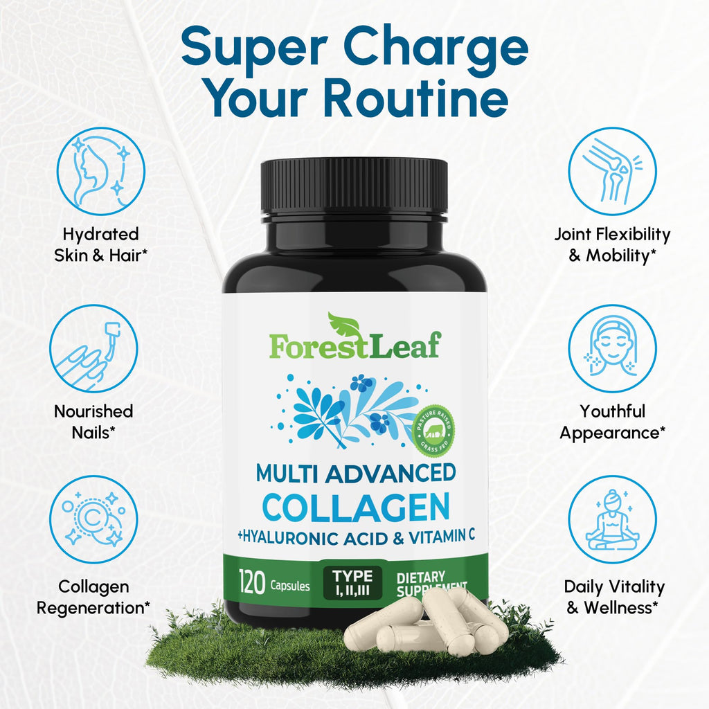ForestLeaf Multi Collagen Pills with Hyaluronic Acid + Vitamin C | Hydrolyzed Collagen Supplements for Women or Men | Multi Collagen Capsules Peptides for Skin, Wrinkles, 120 Caps ForestLeaf Au supplements