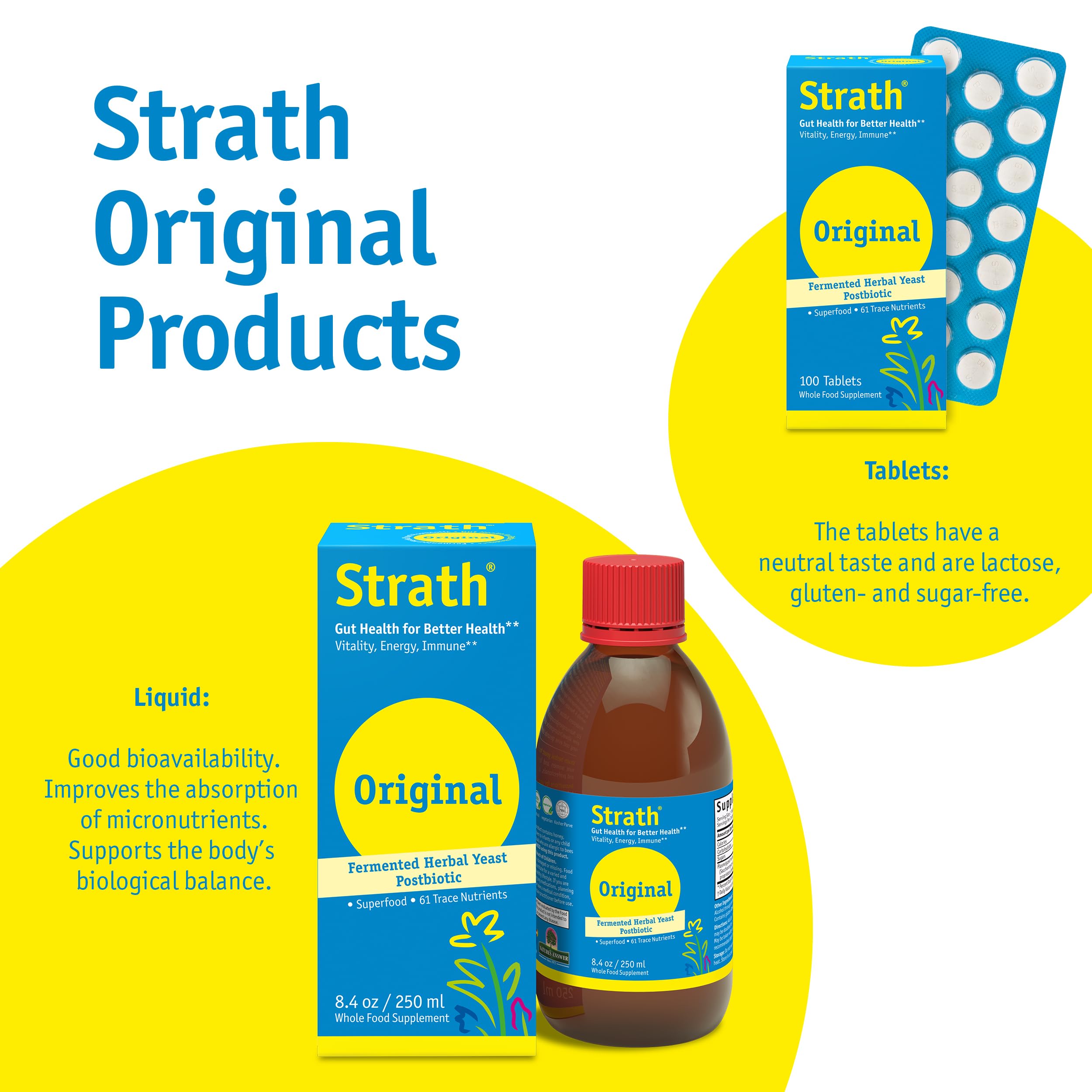 Strath Nutritional Yeast Tablets - Vegetarian, Lactose Free, Artificial Additive Free - Digestive Support, Nutrient Absorption - Unflavored Daily Supplement - Prebiotic and Postbiotic Bio-Strath Au supplements