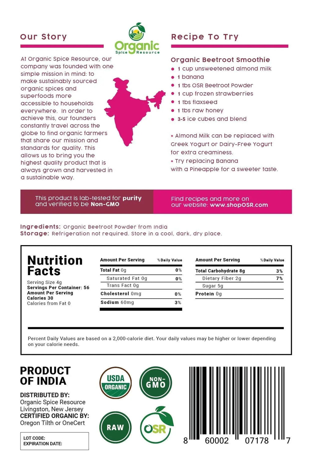 Organic Beet Root Powder | 8 oz or 226g | USDA Organic Approved, Raw and Non GMO Organic Spice Resource Au supplements