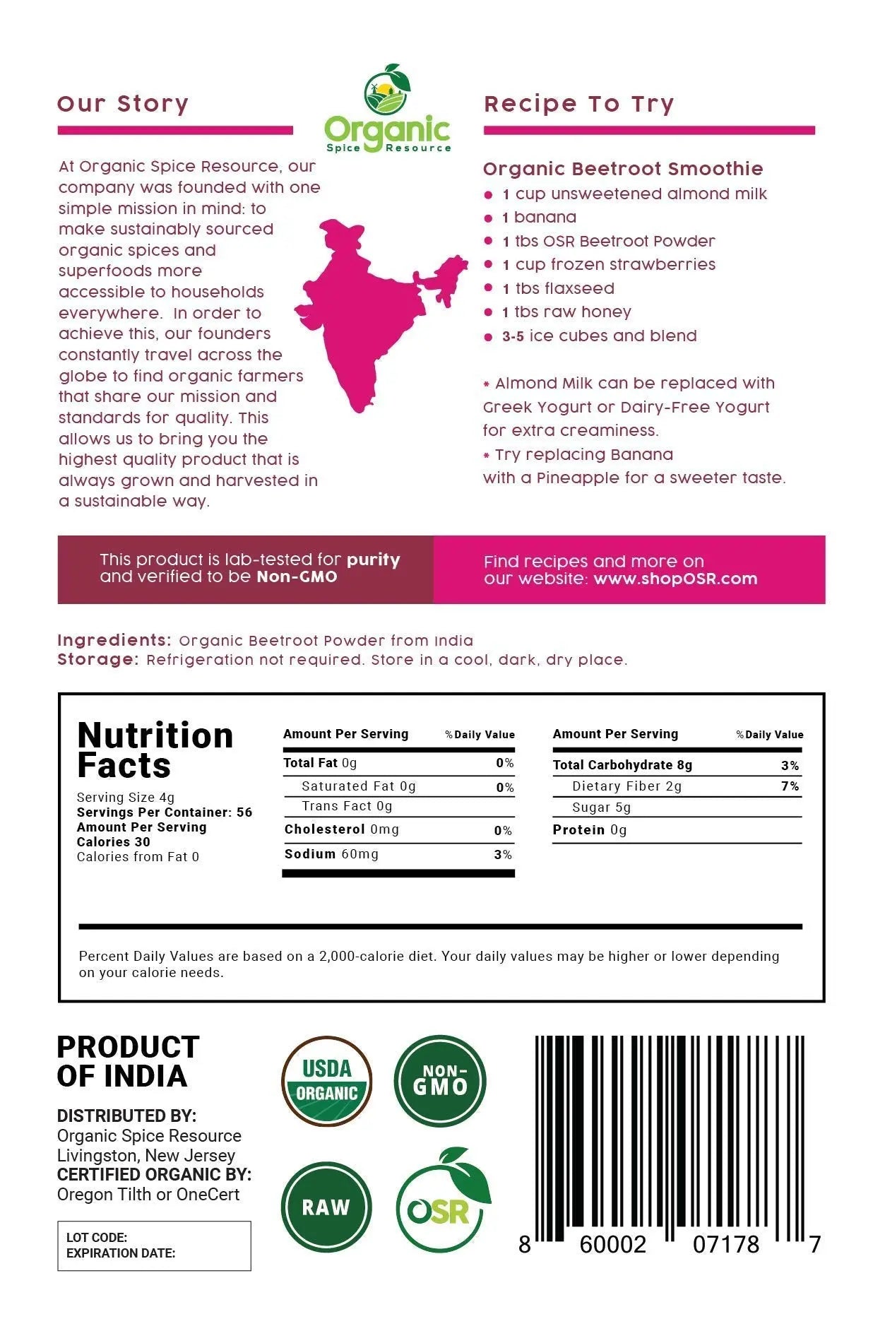 Organic Beet Root Powder | 8 oz or 226g | USDA Organic Approved, Raw and Non GMO Organic Spice Resource Au supplements