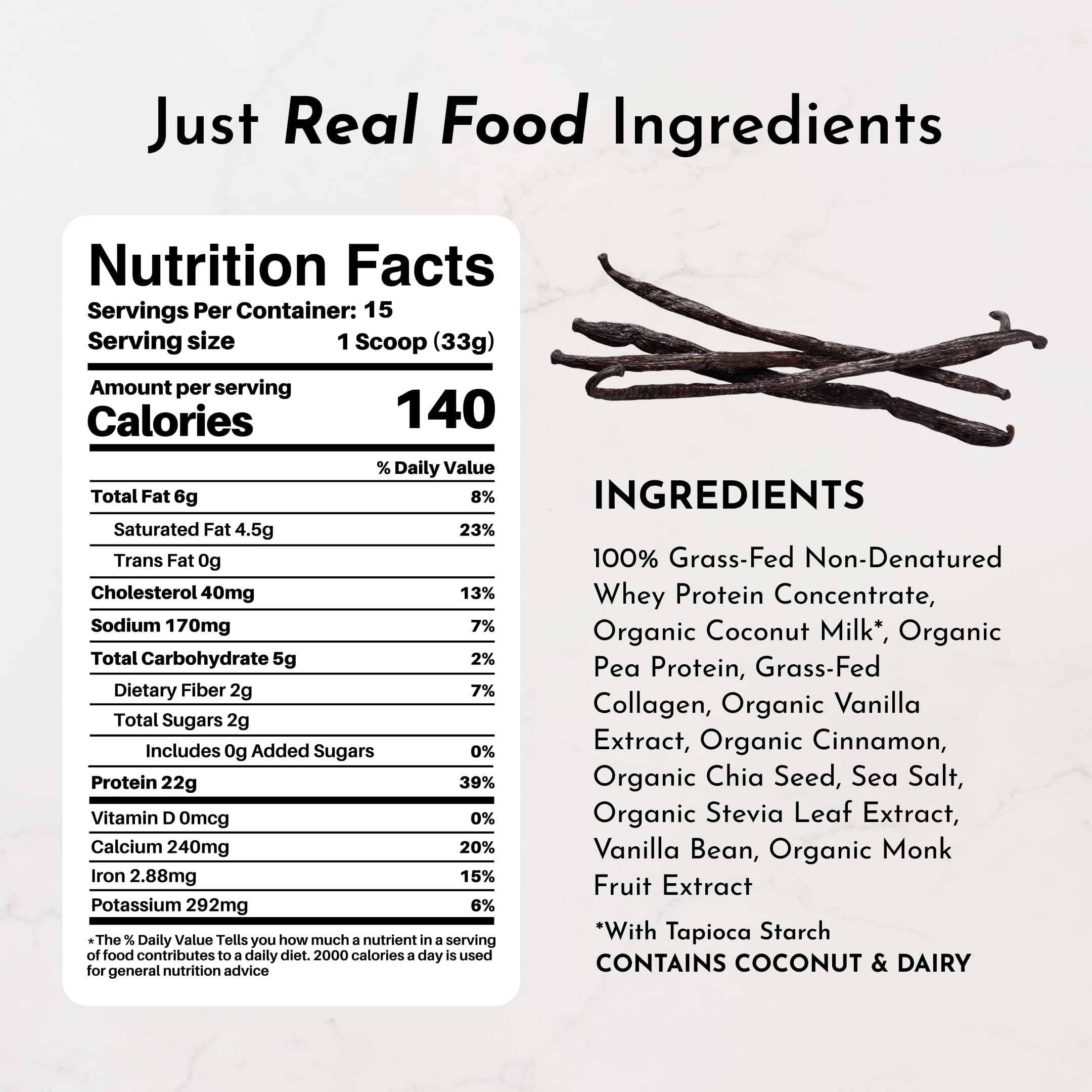 JUST INGREDIENTS Vanilla Protein Powder - Grass-Fed Whey Blend, Organic, Gluten Free, Dairy Free, Soy Free - 15 Servings, 22g Protein