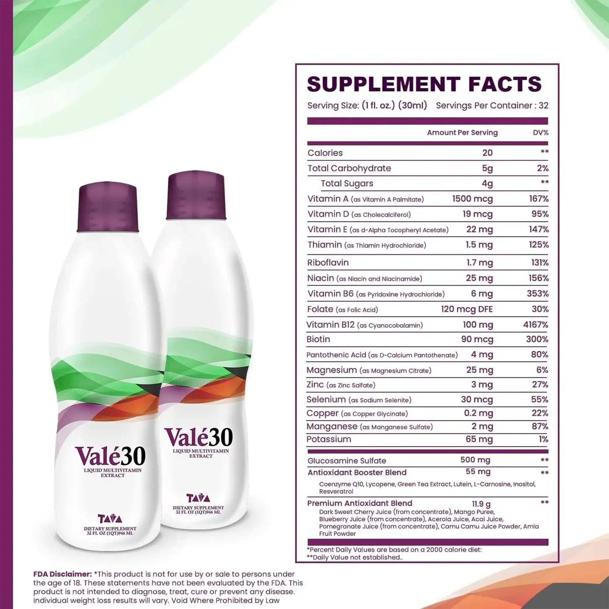 TAVA Valé30 - Liquid Multivitamin - 30-Day Supplement with Vitamin A and B Complex for Men, Women, and Family, Daily Boost Drink - 2 Bottles TAVA Au supplements