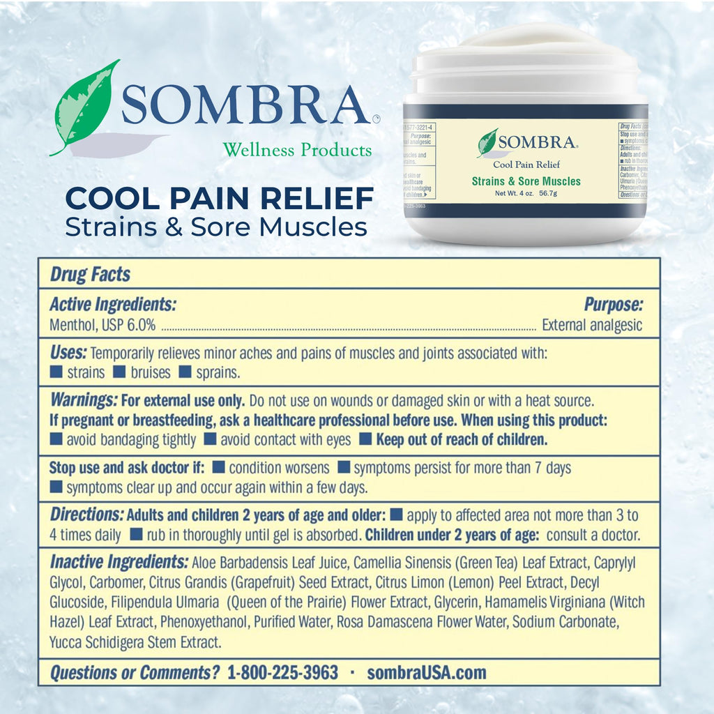 Sombra Original Cool Therapy Gel Cold Pain Relief for Swelling, Growing Pains, Soreness, Post-Workout, Vegan Formula Free of Artificial Fragrances, Dyes, NSAID, Wax, Petroleum, Alcohol - 4oz Jar Sombra Au supplements