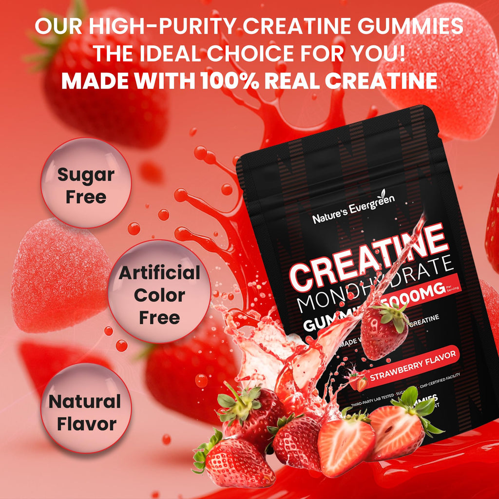 Creatine Monohydrate 5000mg Gummies, Pre-Workout 5g Creatine Gummy Supplement for Men & Women: Muscle Builder & Energy Boost, Sugar Free, Vegan, Strawberry Flavor, (120 Count) Made in USA Nature's Evergreen Au supplements