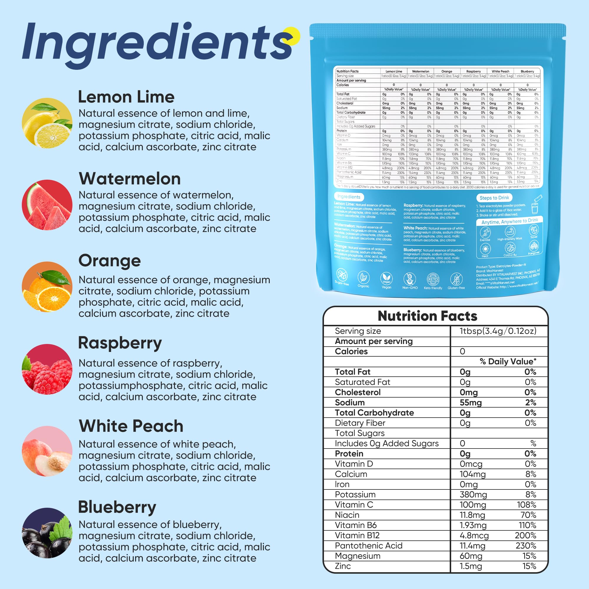 VitalHarvest 36 Sticks Electrolytes Powder Packets 6 Flavors Sugar Free Hydration Packets Electrolyte Liquid Daily IV Drink Mix with Lemon Lime, Watermelon, Orange