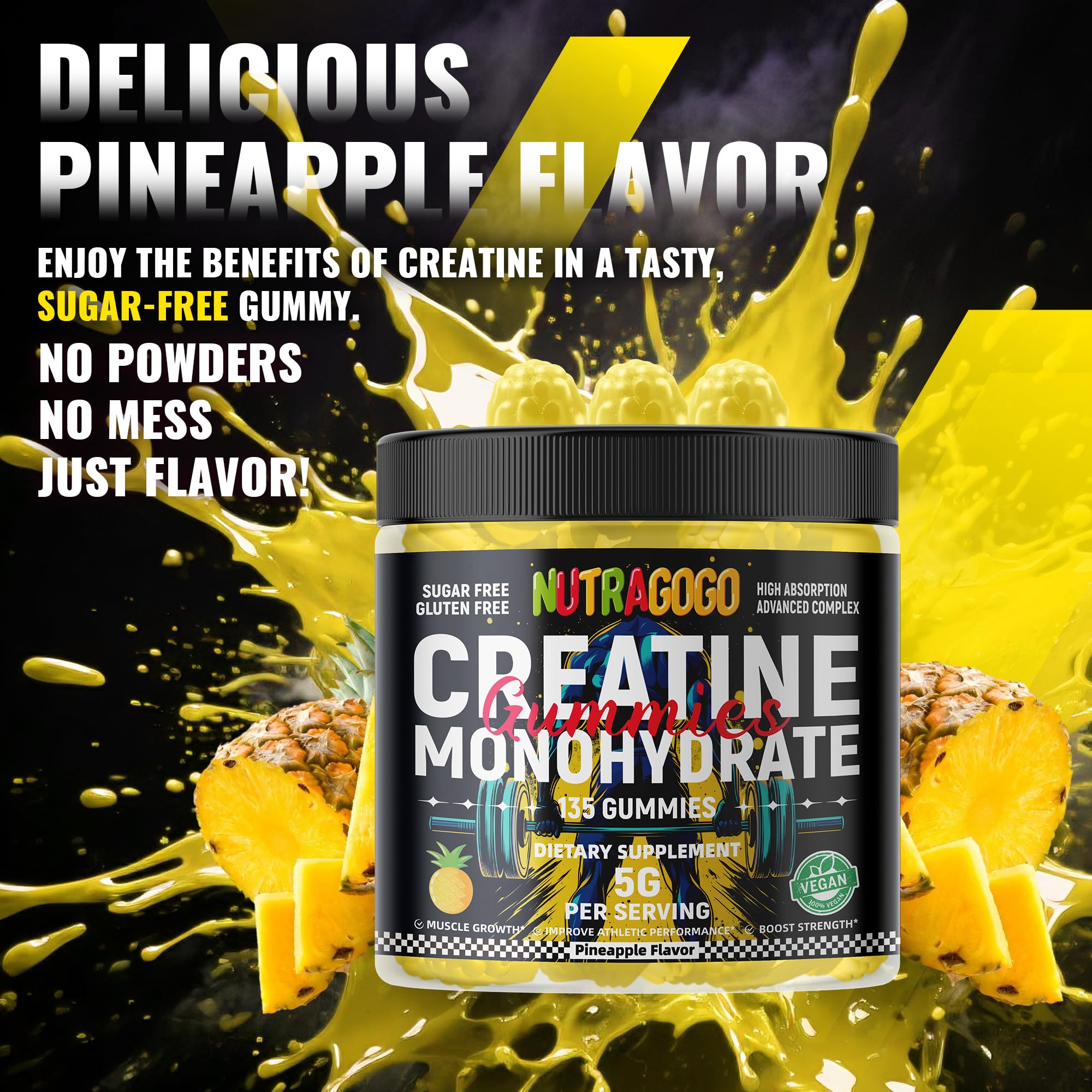 NUTRAGOGO NSF Certified Creatine Gummy - Creatine Monohydrate Gummies for Men & Women-5g of Creatine Monohydrate per Serving - Sugar Free,Vegan, Pineapple Electrolyte Chews, 135 Count
