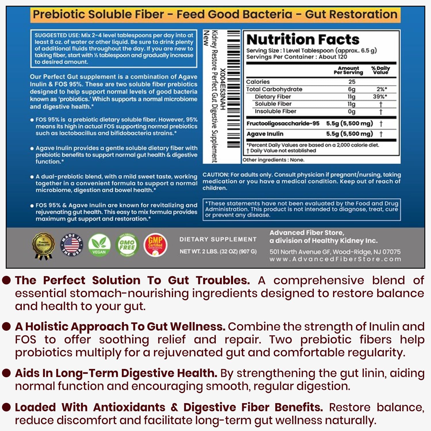 Perfect Gut: Inulin FOS Powder for Gut Health. Prebiotic Inulin. Unique Prebiotic 95% FOS Inulin Agave Fiber