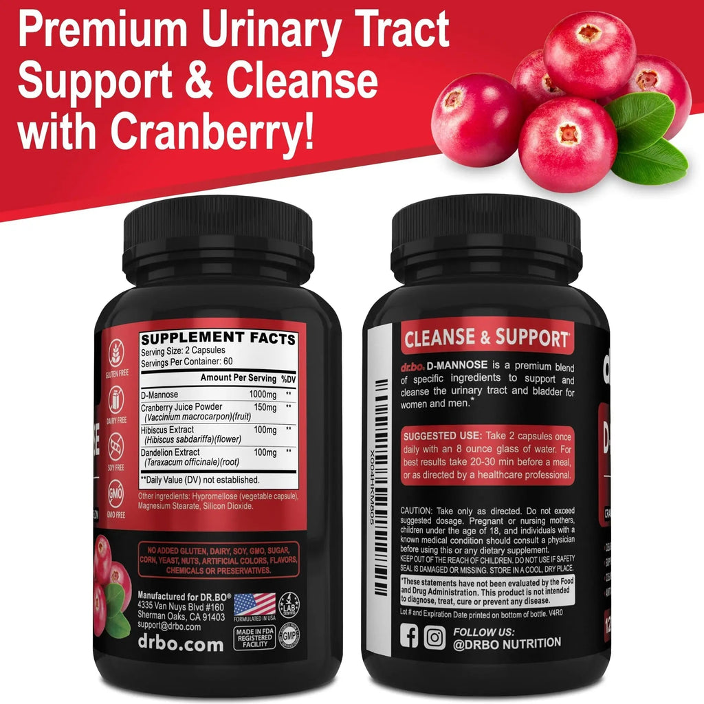 D Mannose Supplements for Women Pills - Natural D-Mannose 500mg Capsules, Cranberry DMannose Pills 1000mg Per Serving - Bladder Flush & Urinary Tract Cleanse Health Supplement - 120 Veg Capsules DR. BO Au supplements