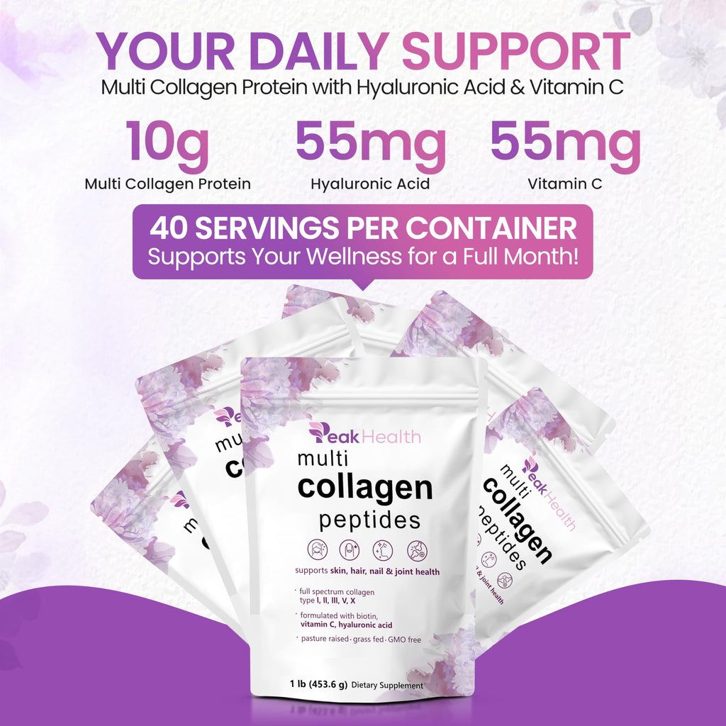 Multi Collagen Peptides Powder, 1 Pounds collagen powder- Type I,II,III,V,X with Biotin 10000mcg, Hyaluronic acid powder, Vitamin C - Unflavored Collagen Protein Powder