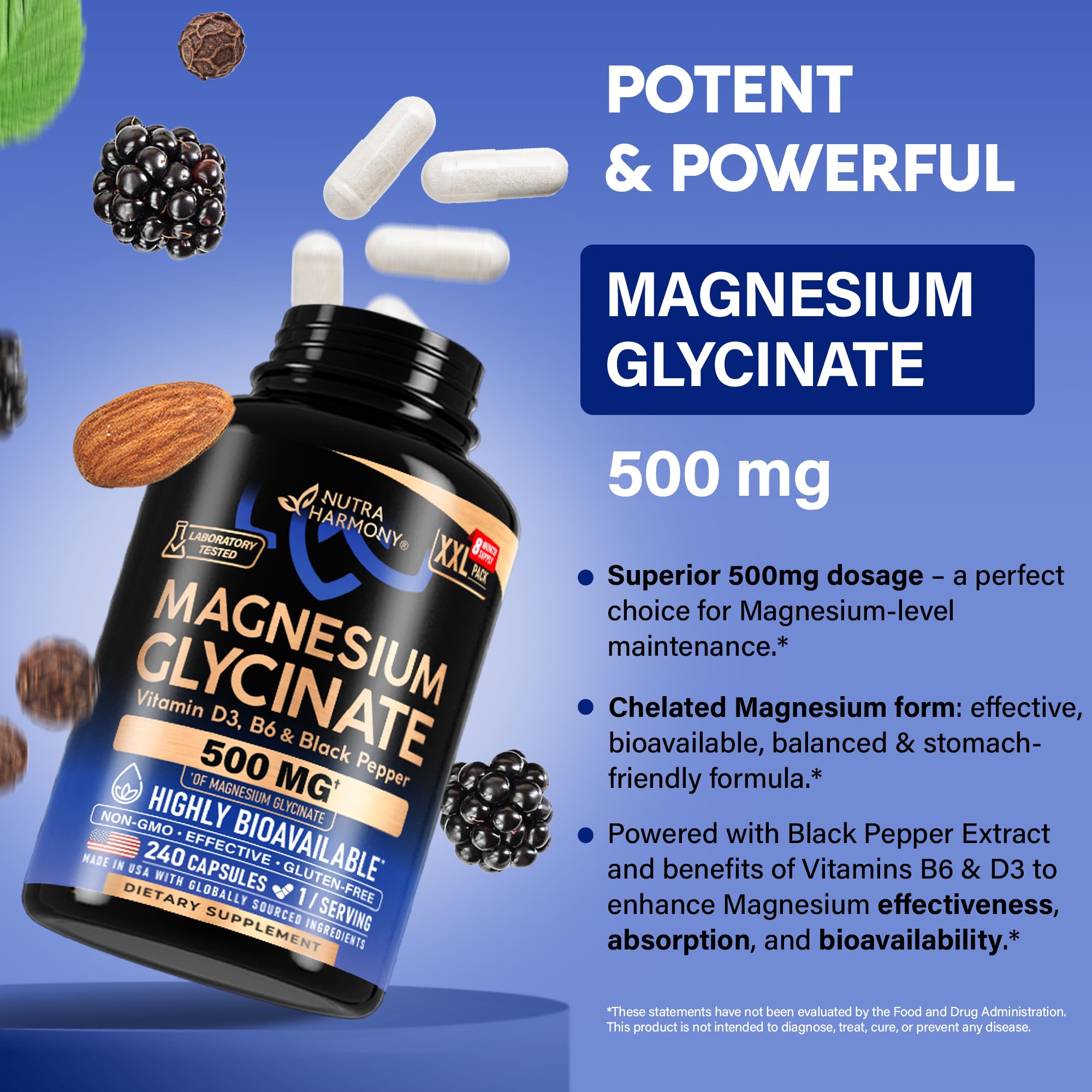 Magnesium Glycinate 500 mg - Chelated Supplement - High Absorption Form of Magnesium - Support for Sleep, Muscle & Heart Health