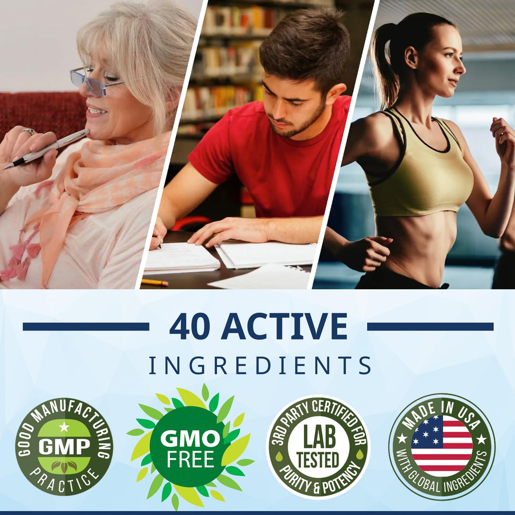 40-in-1 Brain Booster Supplement for Focus, Memory, Clarity, Energy | Advanced Vitamins Plus eBook | for Men & Women, Cognitive Function Nootropic Support with DMAE, Mind Health Formula | 60 Capsules NATURE'S BRANCH Au supplements