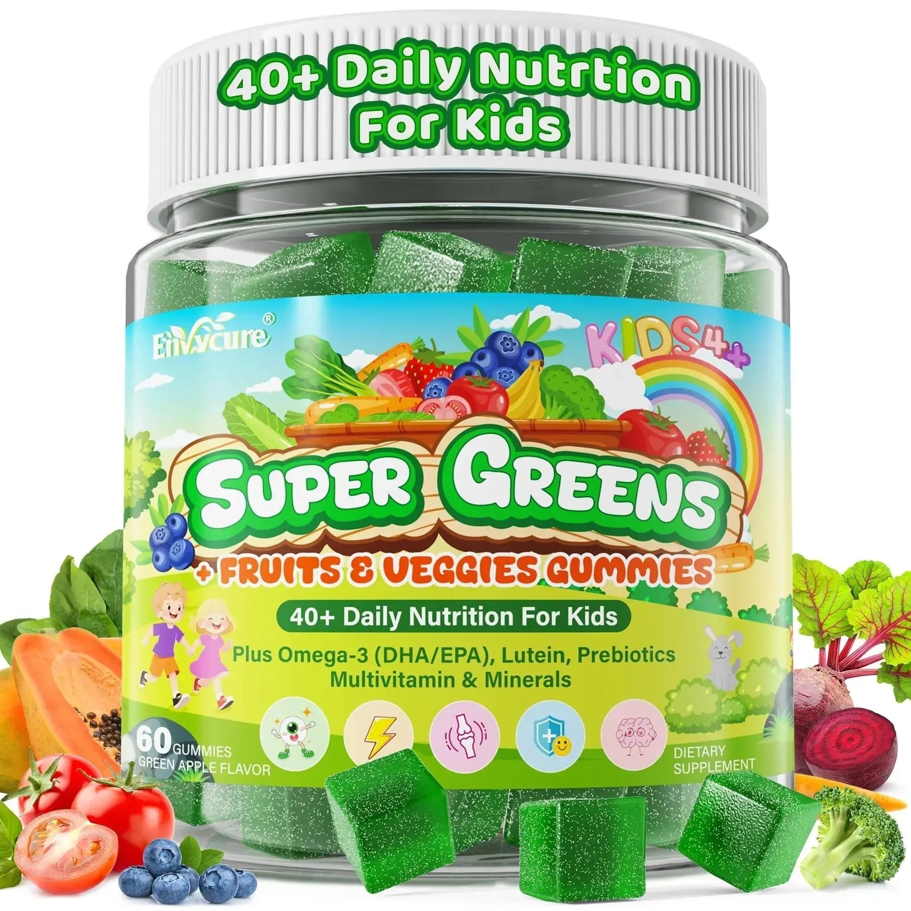 Kids Super Greens Gummies, w/Multivitamins, Spirulina, Chlorella, Spinach, Broccoli, Calcium, Omega-3 (DHA/EPA) EnvyCure Au supplements