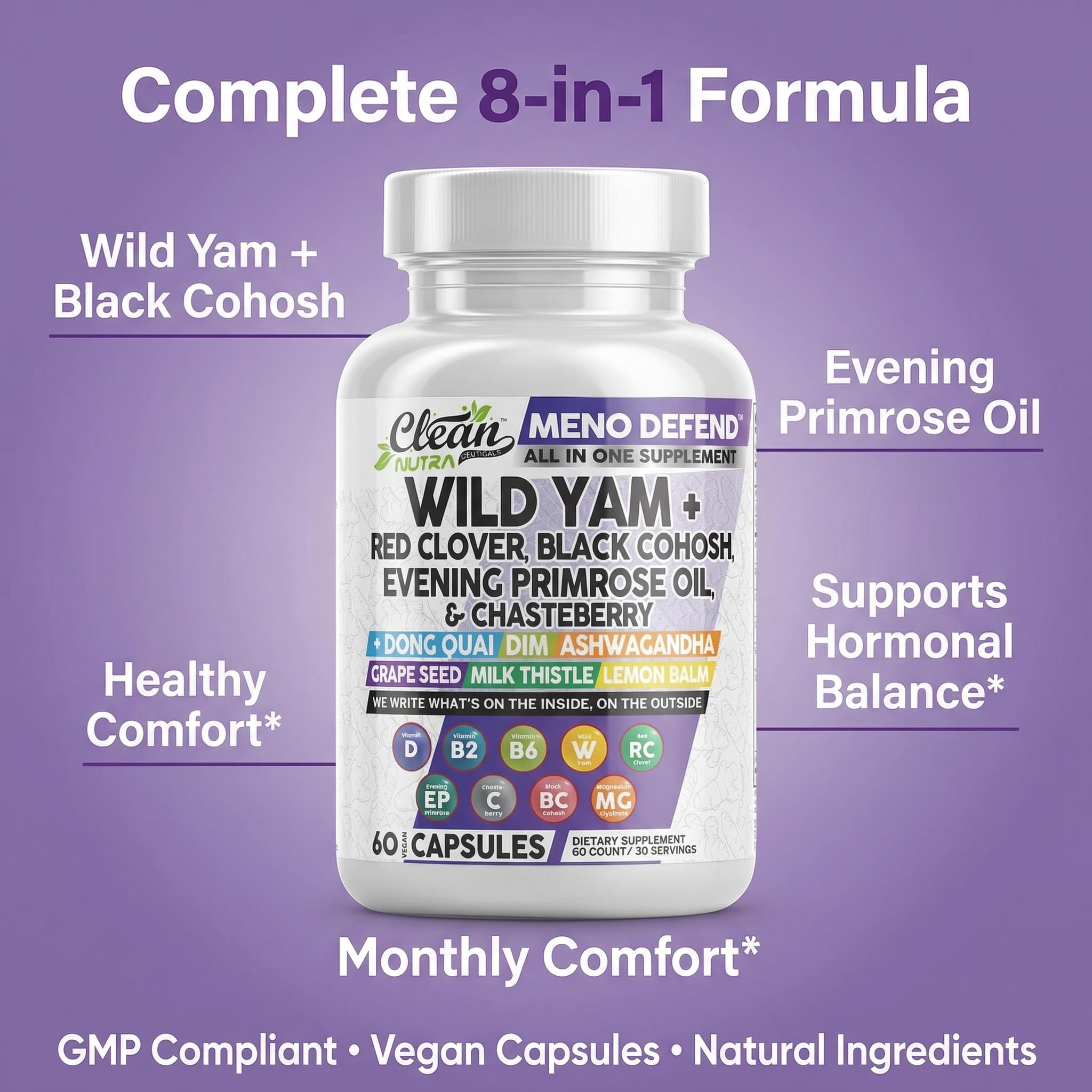 Clean Nutra Wild Yam Root Capsules with Red Clover Black Cohosh Evening Primrose Oil Chasteberry Dong Quai DIM Ashwagandha Grape Seed Extract Milk Thistle Lemon Balm
