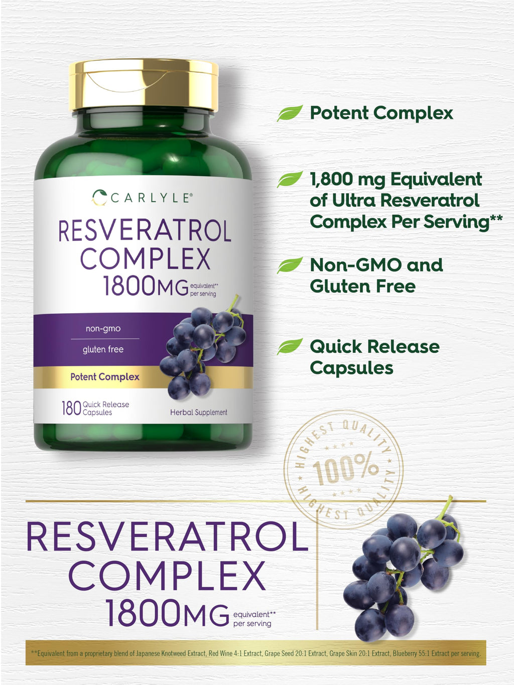 Carlyle Resveratrol Complex - 180 Capsules - Trans Resveratrol Supplement with Grape Seed Extract - Non GMO, Gluten Free