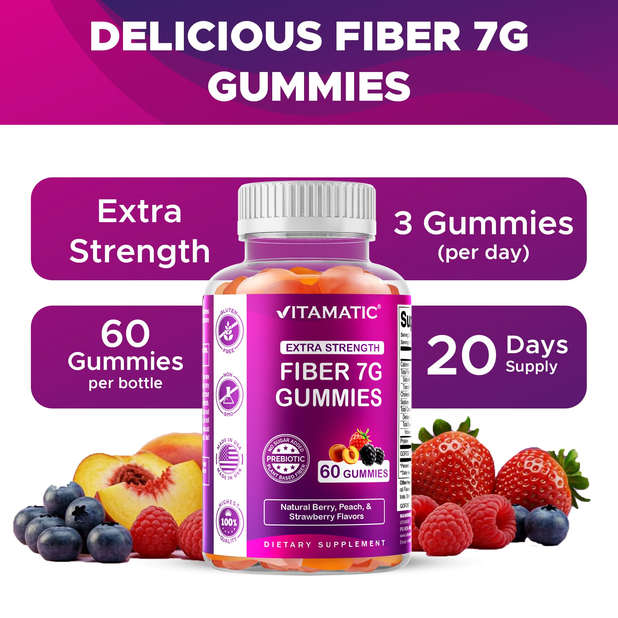 Vitamatic Prebiotic Fiber Gummies for Adults – 2 Pack (Total 120 Gummies) 7g Fiber per Serving | Extra Strength | Zero Sugar Added | Pectin-Based