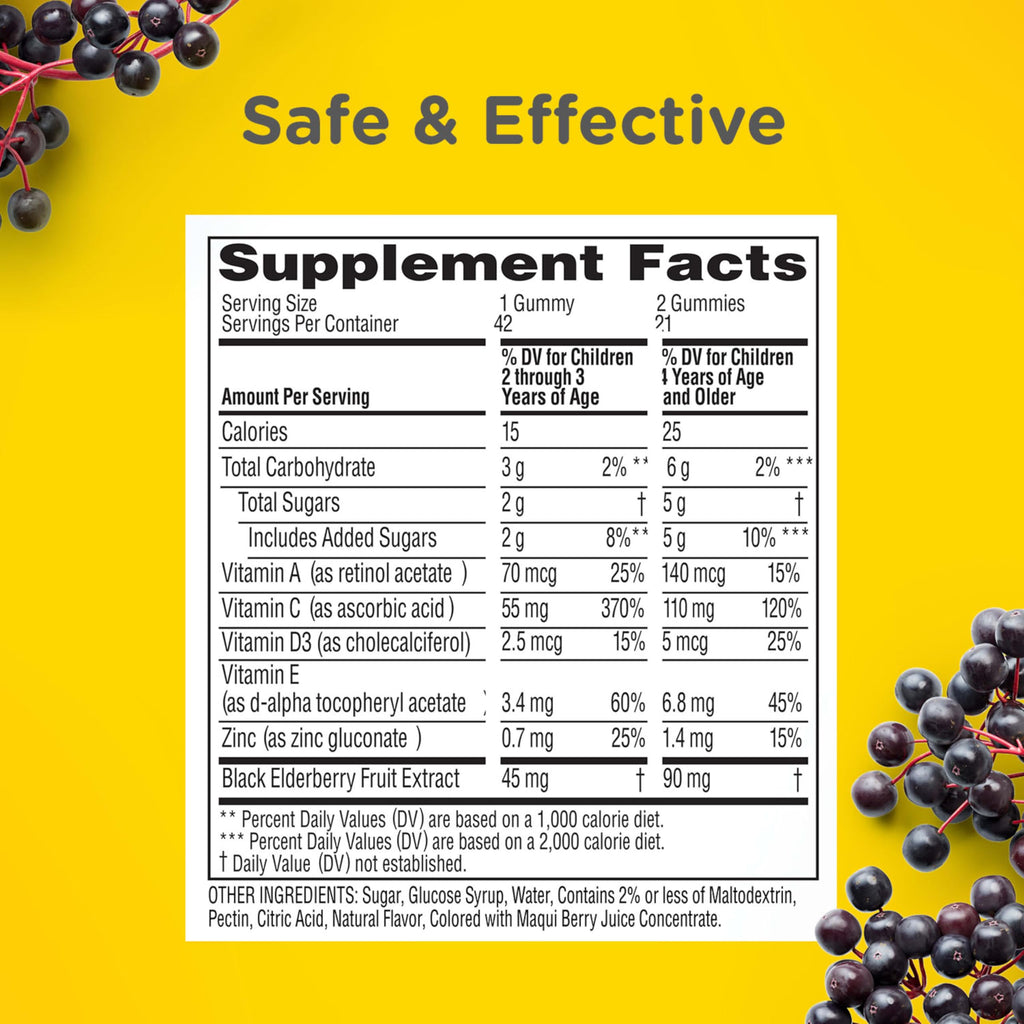 Zarbee’s Kids Elderberry Immune Support Supplement Gummies, Vitamins A C D3 E & Zinc, Elderberry Extract, Gluten & Gelatin Free