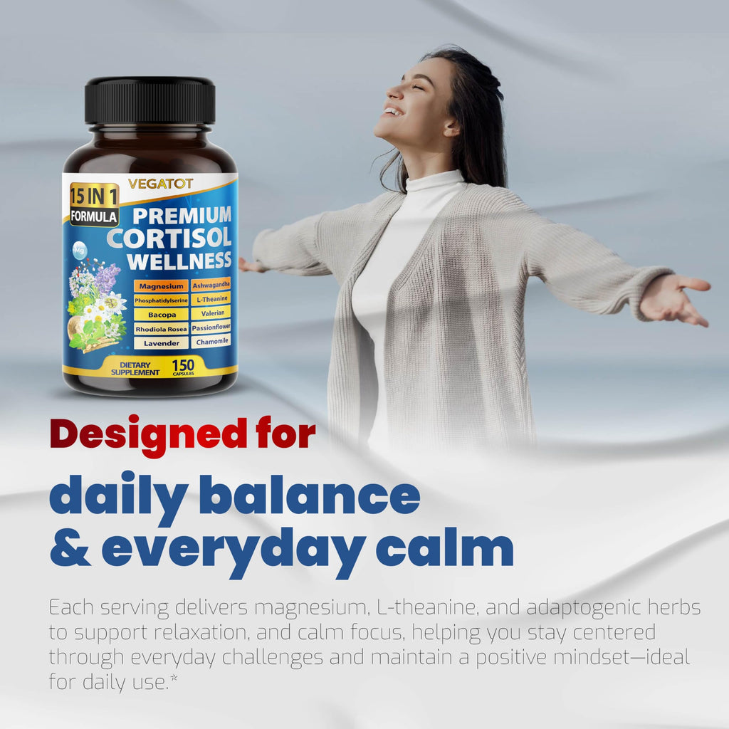 VEGATOT Organic Cortisol Wellness Complex 15-in-1 Formula with Magnesium Ashwagandha St. John's Wort Valerian Rhodiola Rosea Passionflower Chamomile VEGATOT Au supplements