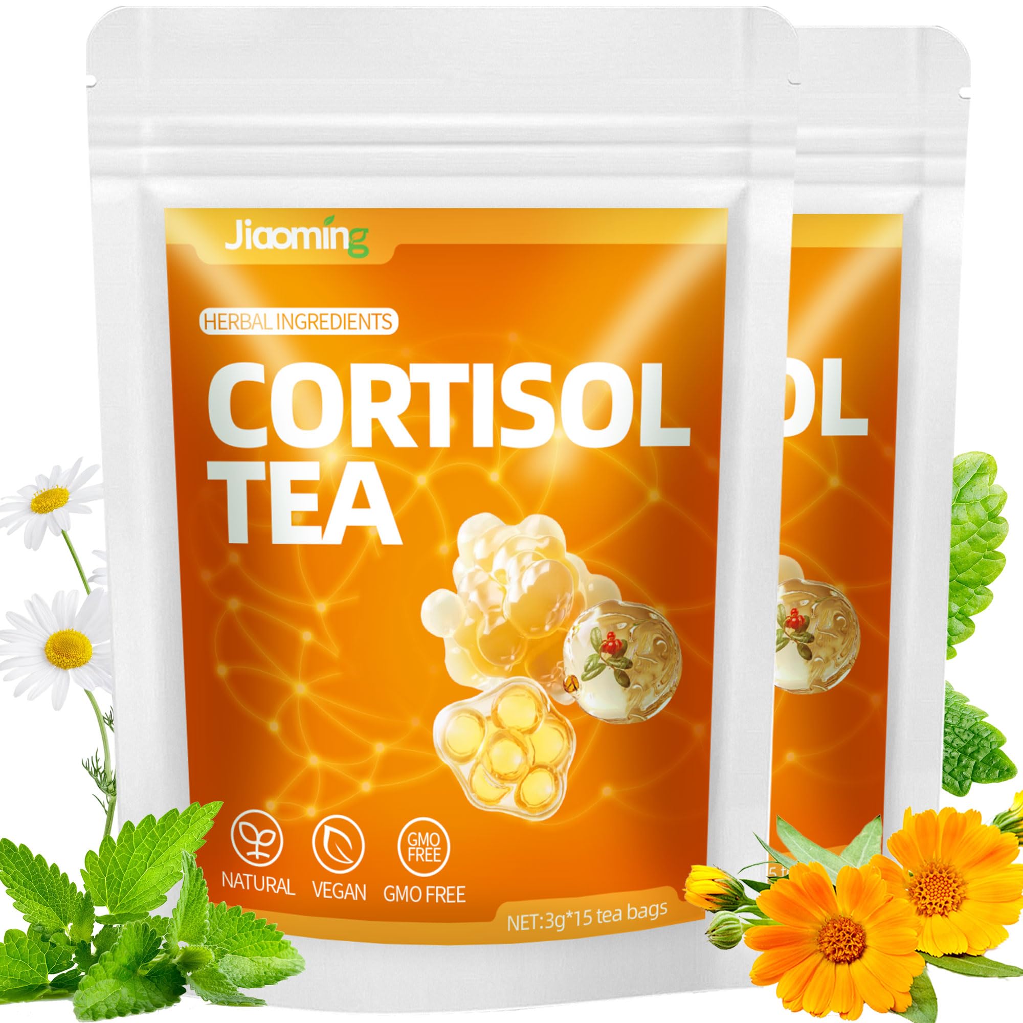 JIAOMING 2 Packs Natural Cortisol Reducing Tea, Healthy Cortisol Levels & Mental Clarity, Loose Leaf Detox Drink Teabags with Ashwagandha for Men and Women Sleep Time Relaxation, Mood Swing Reducer Jiaoming Au supplements
