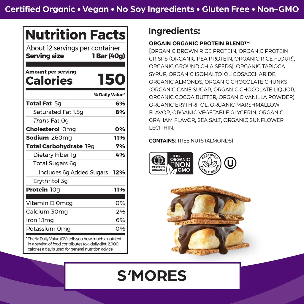 Orgain Organic Vegan Protein Bars, Smores - 10g Plant Based Protein, Gluten Free Snack Orgain Au supplements