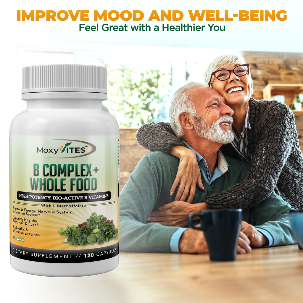 MoxyVites Vitamin B Complex - B Vitamins Whole Food Supplement, B12 Methylcobalamin, B1, B2, B3, B5, B6, B7, B9 - for Stress