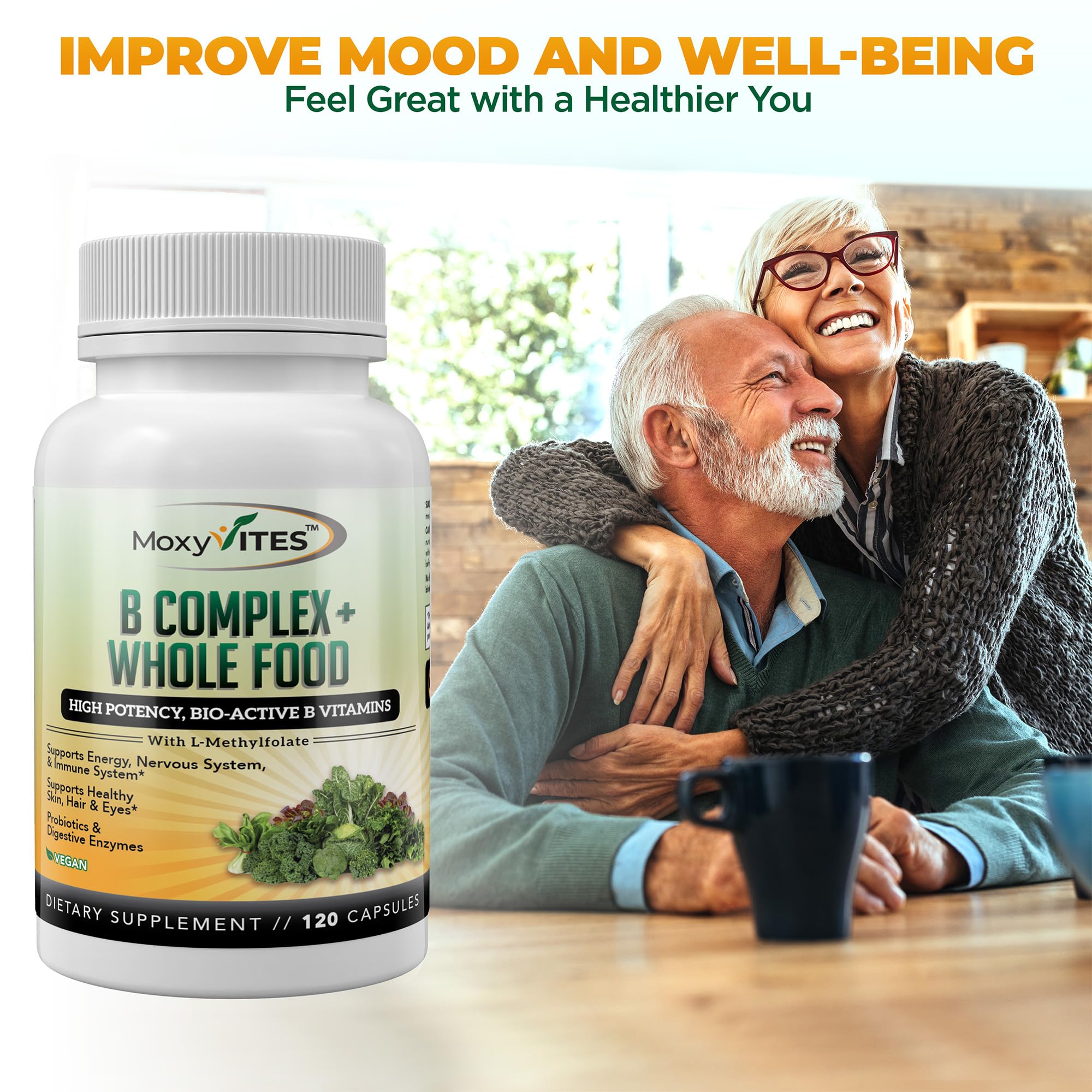 MoxyVites Vitamin B Complex - B Vitamins Whole Food Supplement, B12 Methylcobalamin, B1, B2, B3, B5, B6, B7, B9 - for Stress