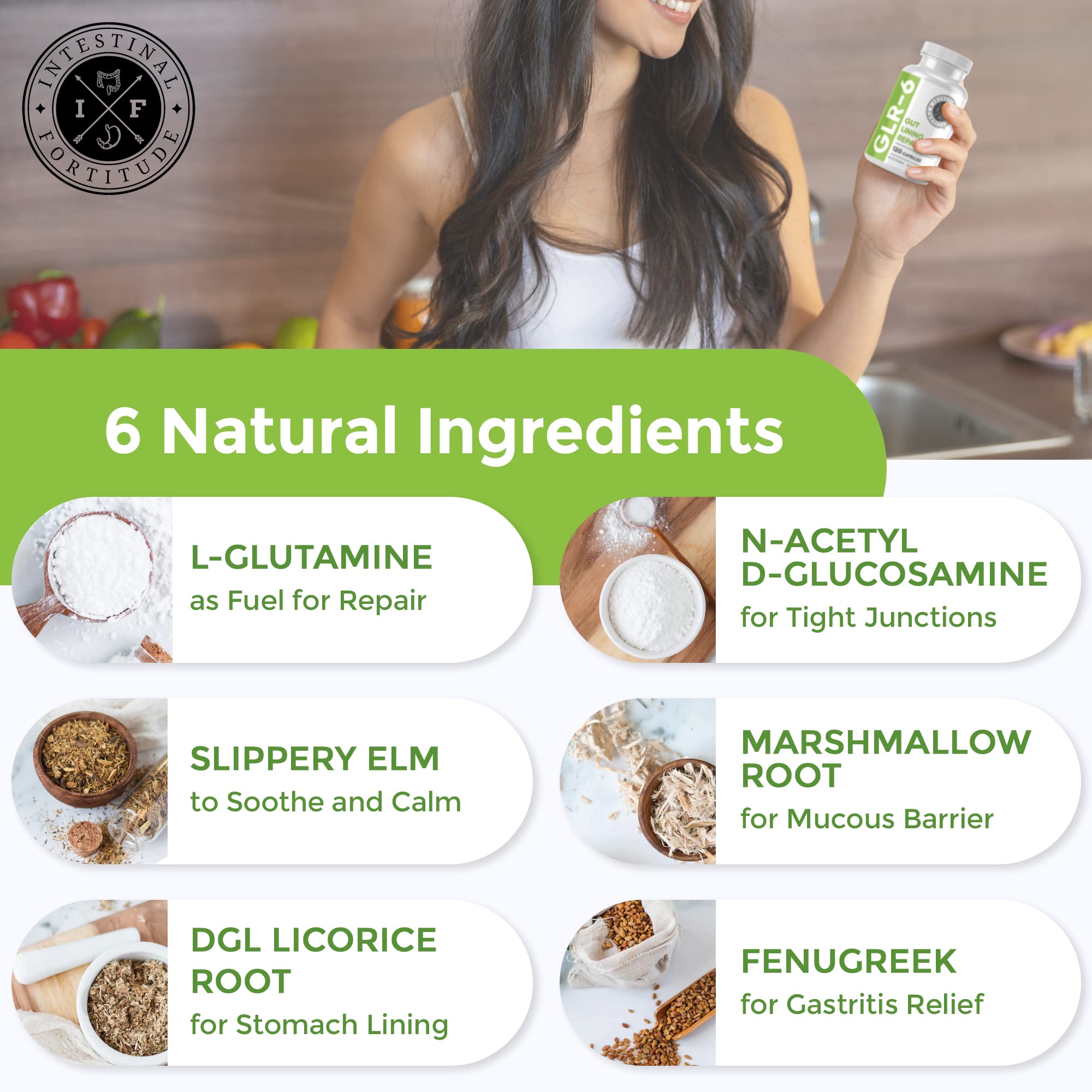 Intestinal Fortitude GLR-6 - Gut Lining Repair Supplement for Gut Health - Leaky Gut Repair with L-Glutamine, Slippery Elm, DGL Licorice Root, Marshmallow Root, Fenugreek