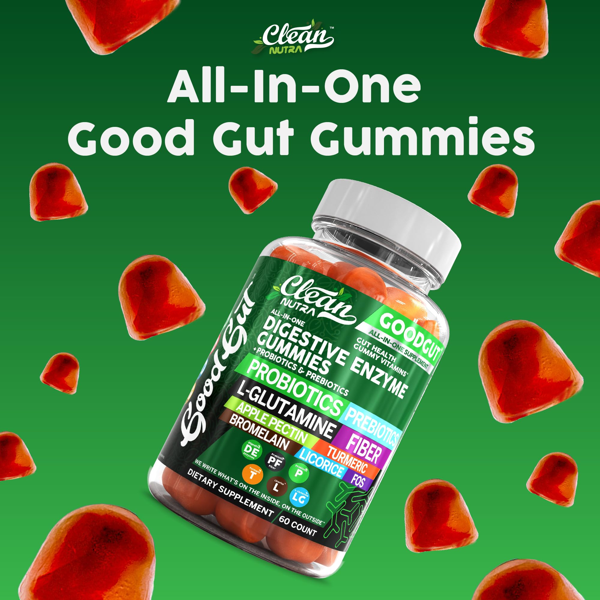 Clean Nutraceuticals Digestive Enzymes with Probiotics & Prebiotics for Digestive Health Gummies & L-Glutamine for Gut Health Bromelain Apple Pectin Inulin FOS Plant