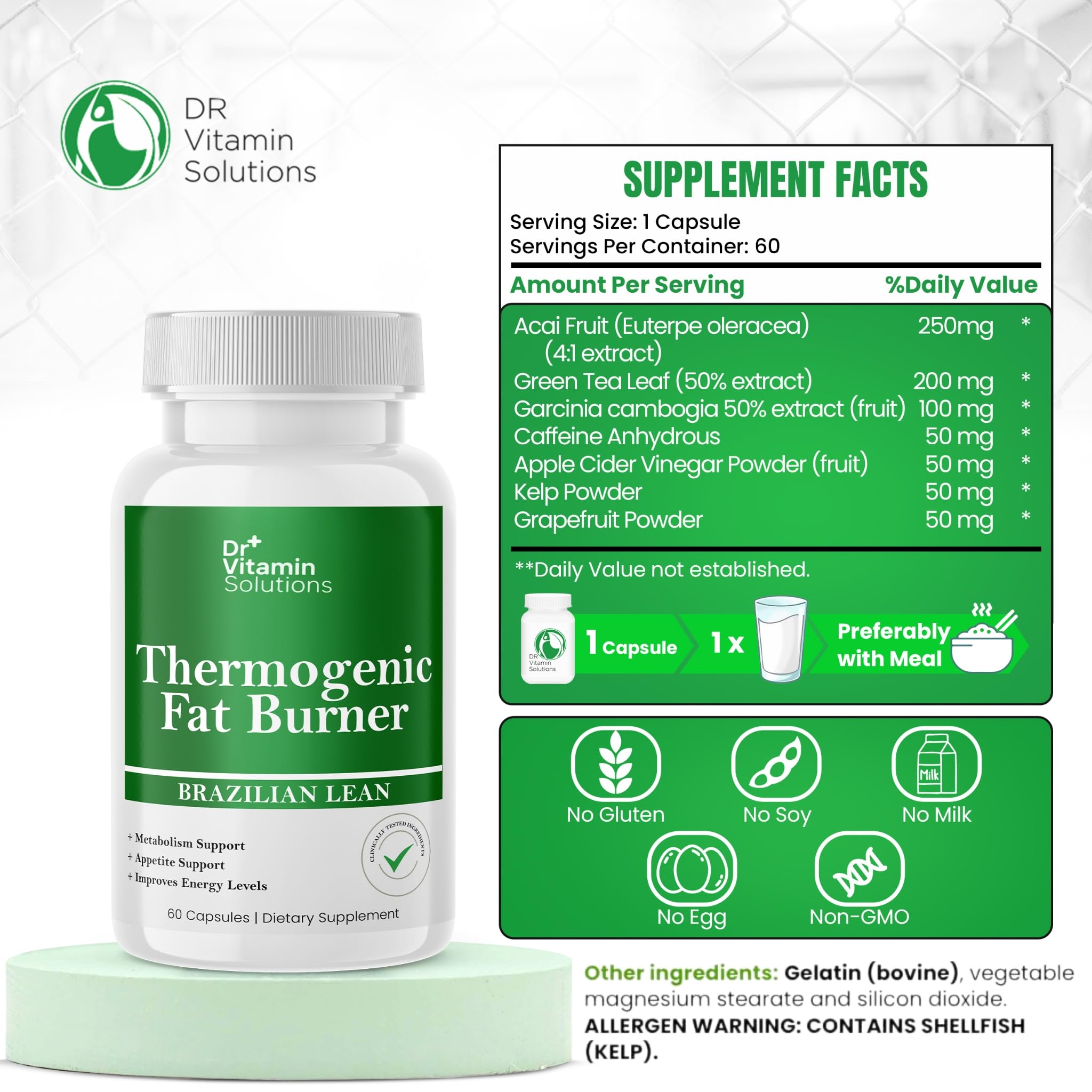 Thermogenic Fat Burner Brazilian Lean, Pills for Women, Waist Trimmer & Supplements for Bloating for Women & Men, 60 Capsules