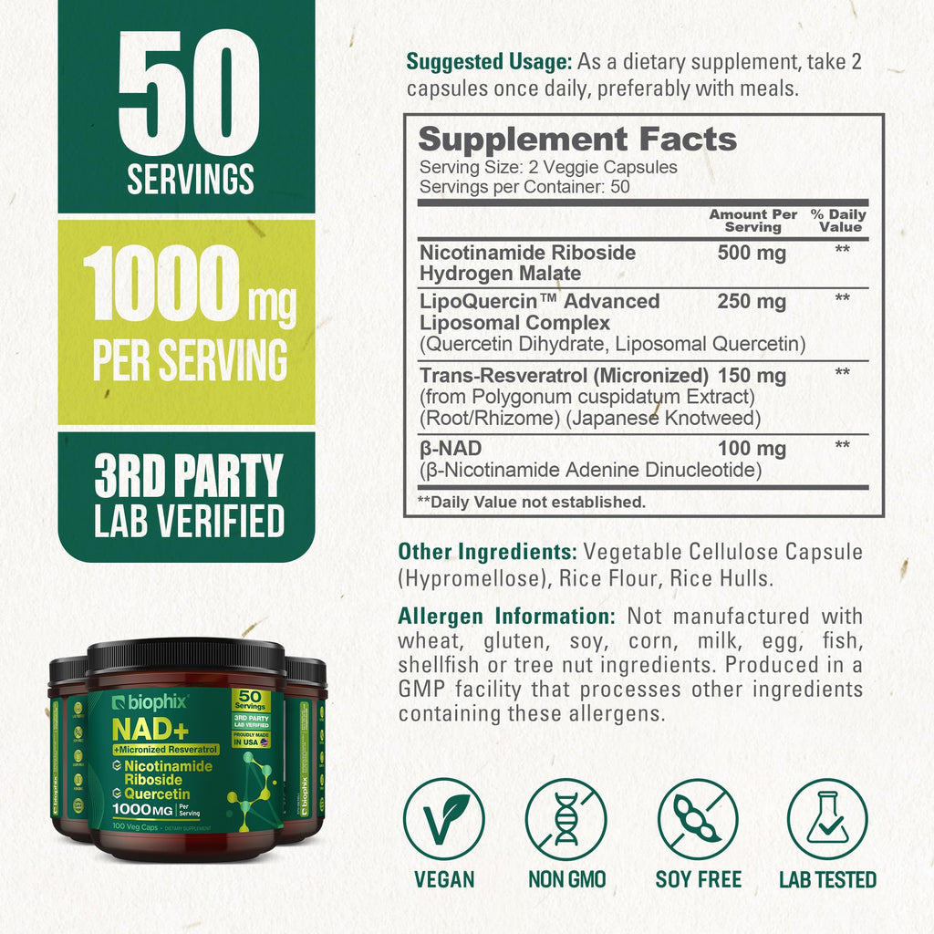 biophix NAD+ Liposomal Supplement for Women & Men - 1000 mg per Serving - Nicotinamide Riboside, Micronized Resveratrol & Quercetin Complex - 100 Veg Capsules - Non-GMO, Gluten-Free, cGMP Certified biophix Au supplements