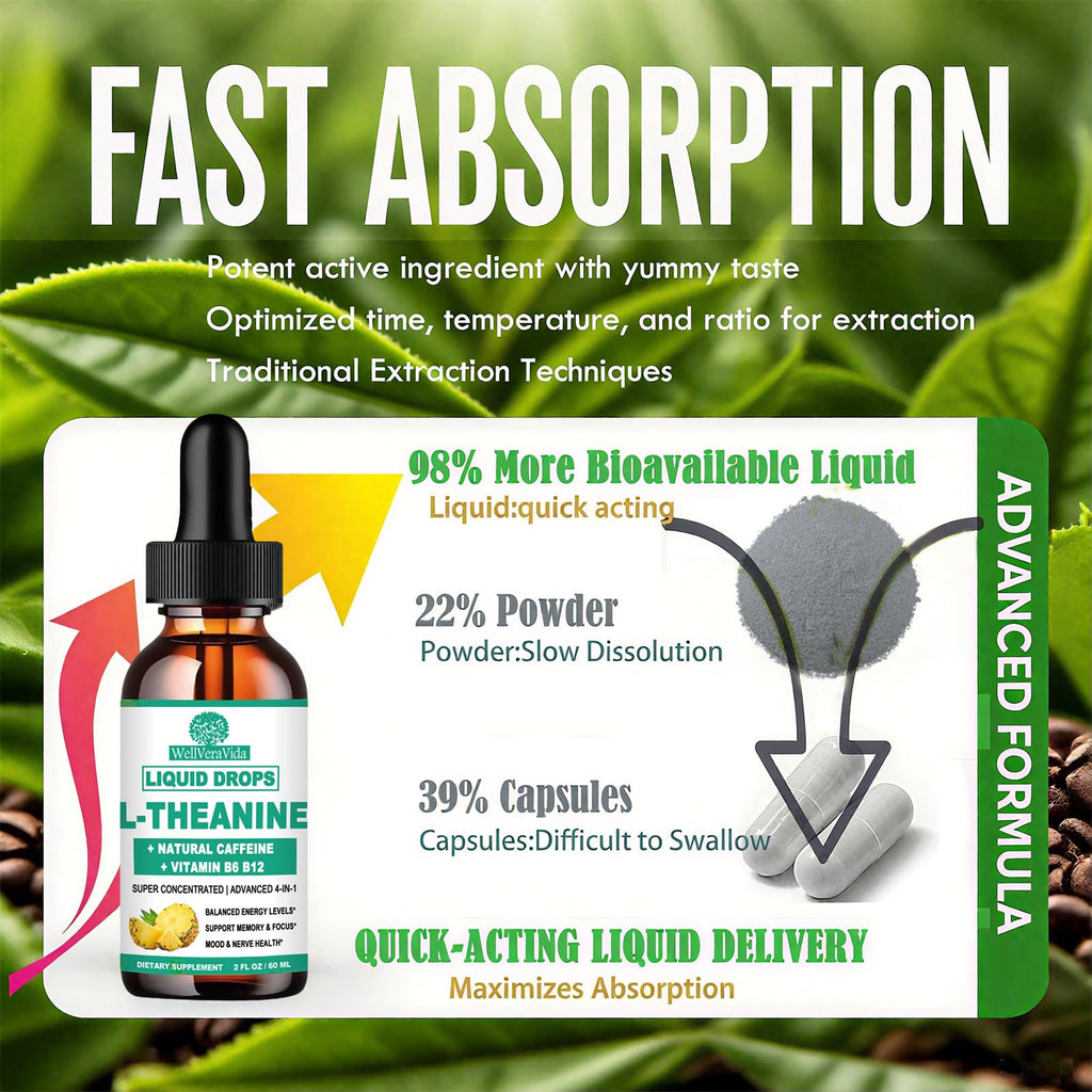L Theanine Caffeine Liquid Drops, High Potency L-Theanine 100mg w. Caffeine Vitamin B12 B6, Natural Nootropic Brain for Smooth Energy Focus Alertness, 6X Stronger Than Pills Powder Gum WellVeraVida Au supplements