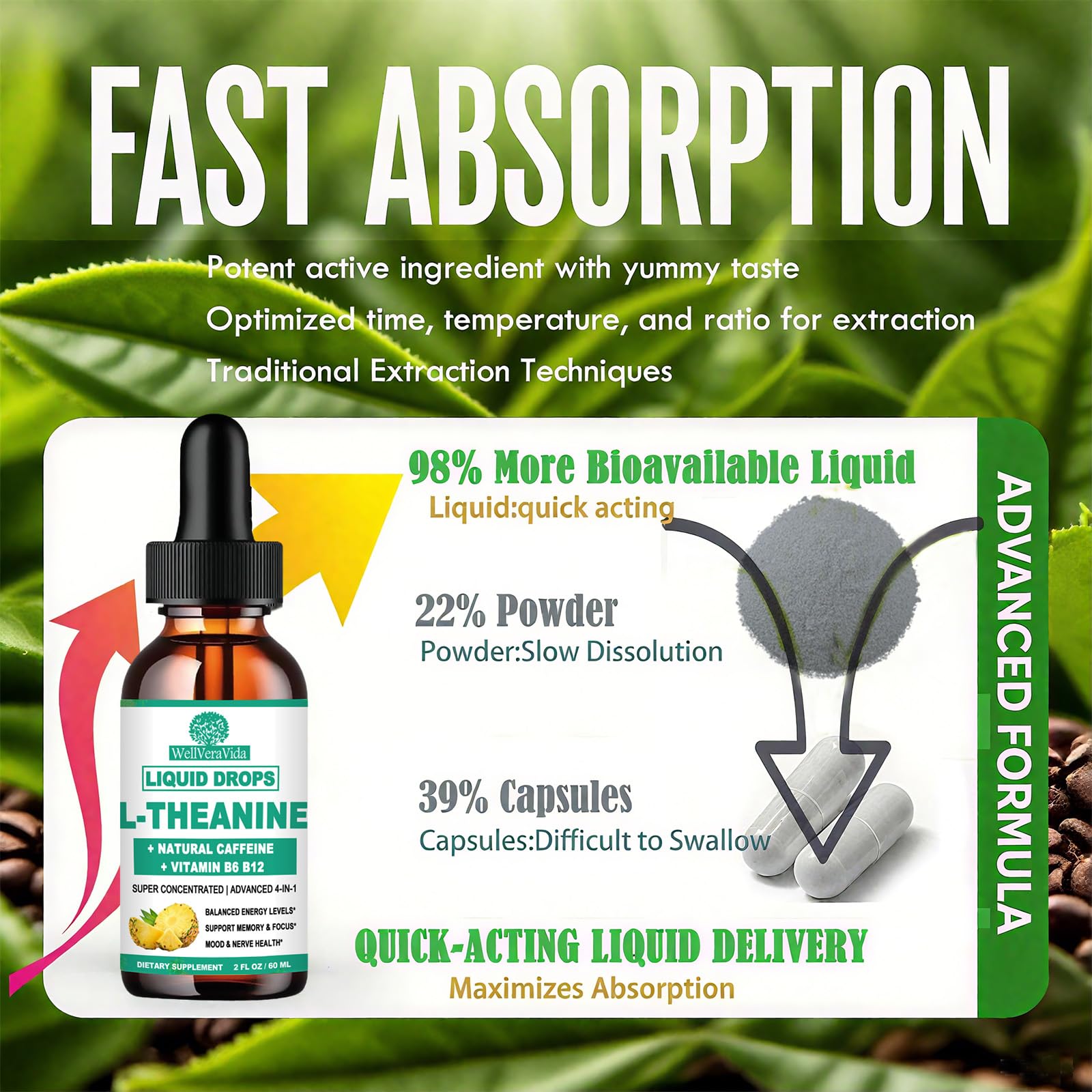 L Theanine Caffeine Liquid Drops, High Potency L-Theanine 100mg w. Caffeine Vitamin B12 B6, Natural Nootropic Brain for Smooth Energy Focus Alertness, 6X Stronger Than Pills Powder Gum WellVeraVida Au supplements
