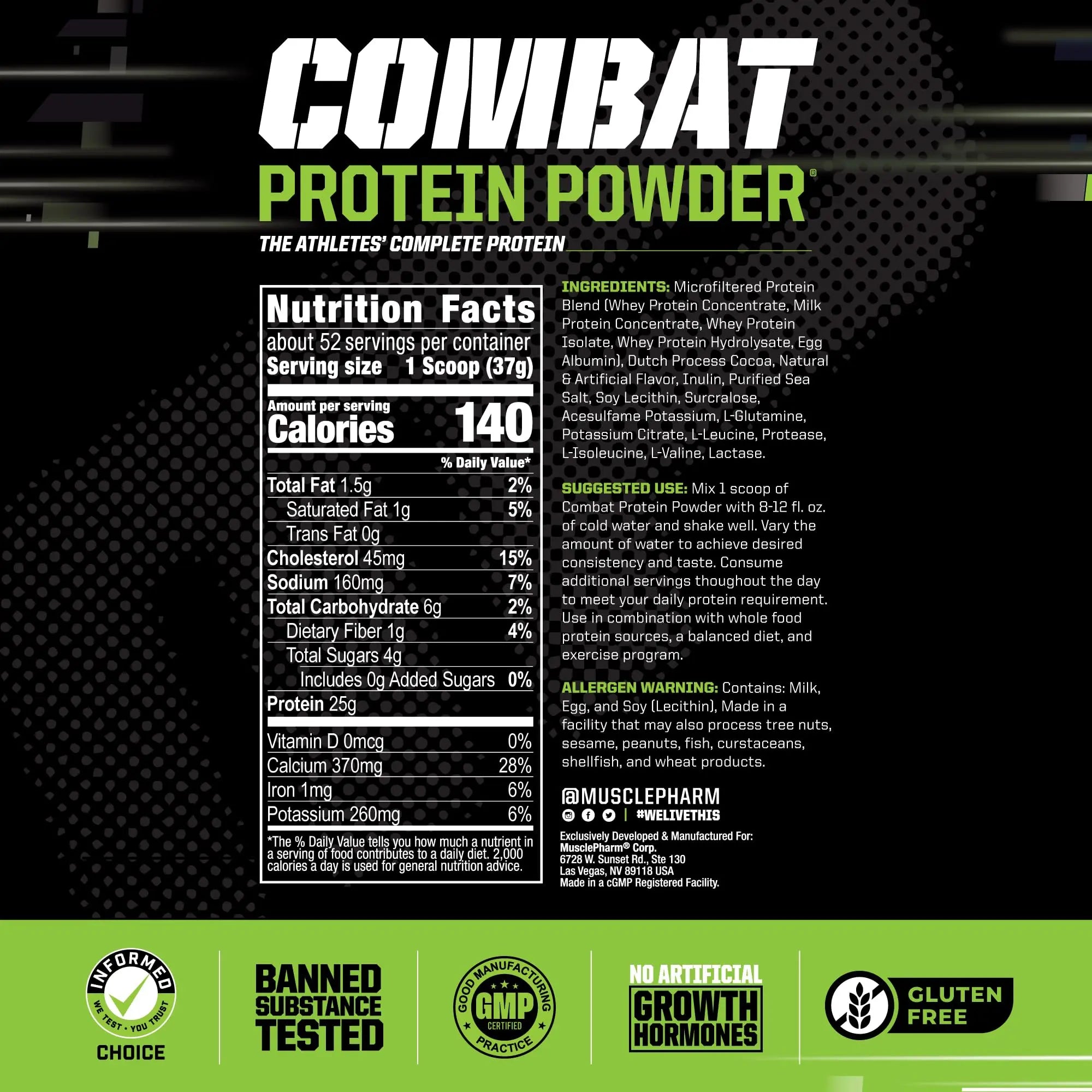 MusclePharm Combat Protein Powder, Chocolate Milk - 4 lb - Gluten Free - 52 Servings Muscle Pharm Au supplements