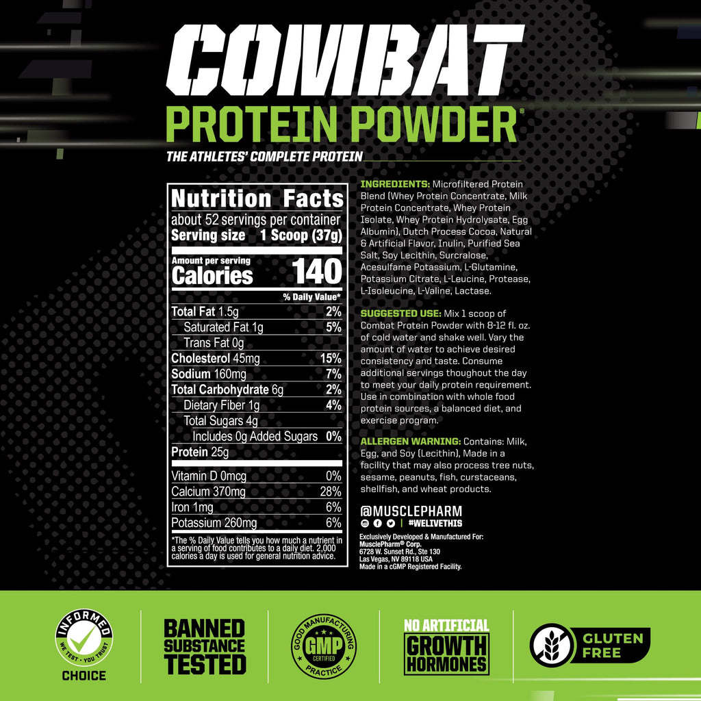 MusclePharm Combat Protein Powder, Chocolate Milk Flavor, Fuels Muscles for Productive Workouts, 5 Protein Sources including Whey Protein Isolate & Egg Albumin, Gluten Free, 4.2 lb, 52 Servings