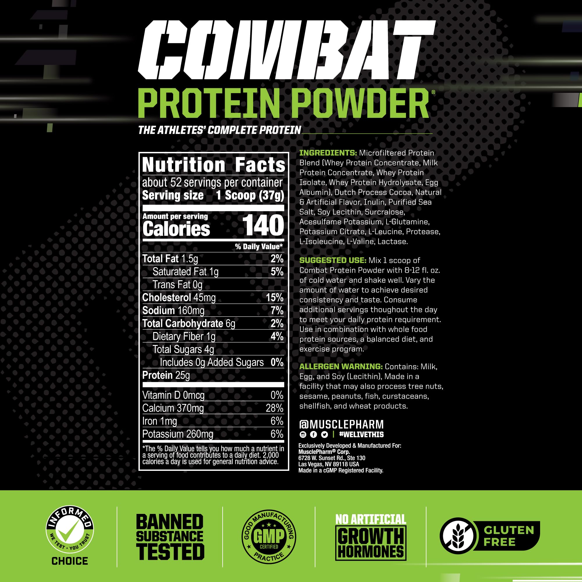 MusclePharm Combat Protein Powder, Chocolate Milk Flavor, Fuels Muscles for Productive Workouts, 5 Protein Sources including Whey Protein Isolate & Egg Albumin, Gluten Free, 4.2 lb, 52 Servings