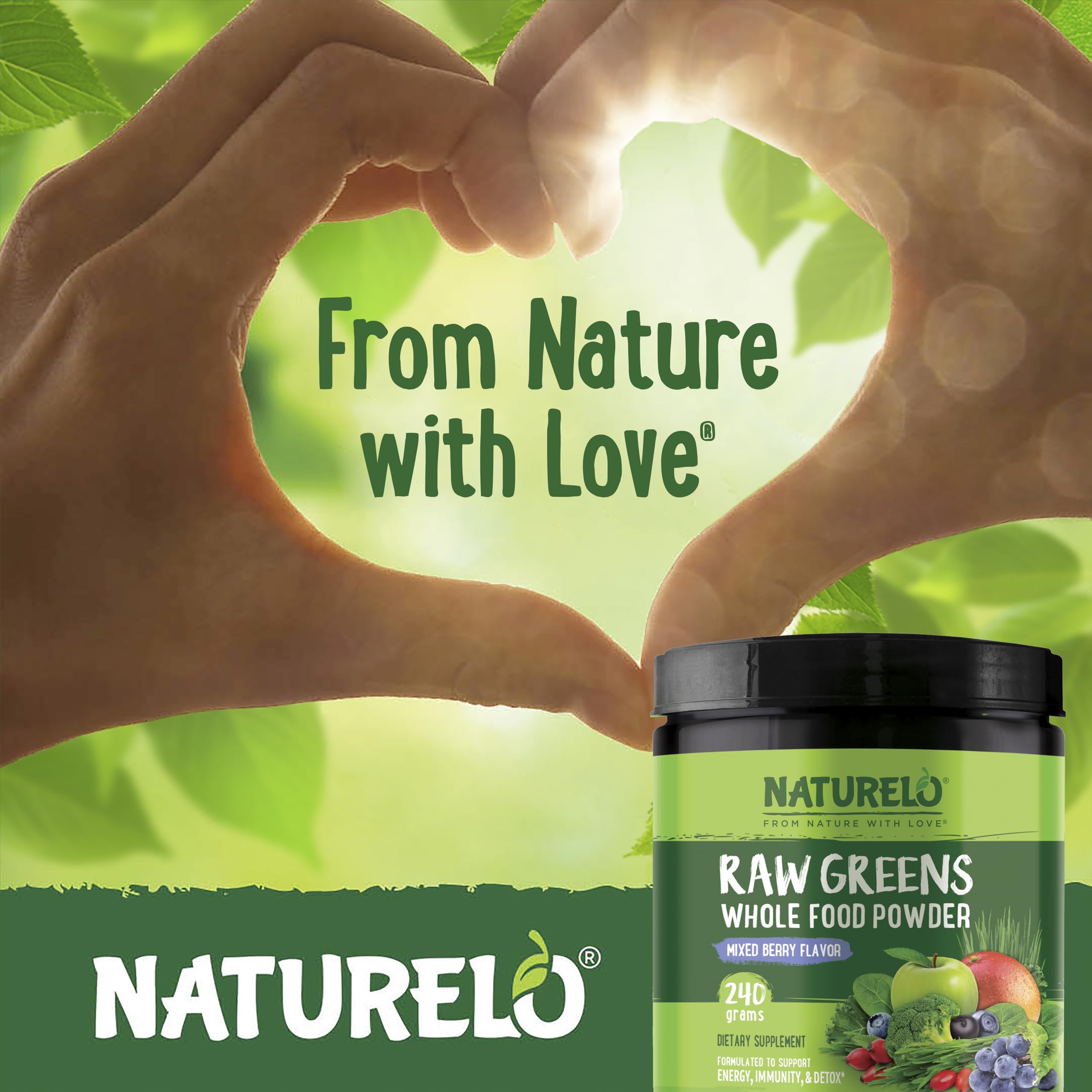 NATURELO Raw Greens Superfood Powder 240 Grams, Mixed Berry - Supports Energy, Immunity and Detox - Includes Spirulina, Wheat Grass and Organic Greens for Whole Food Nutrition