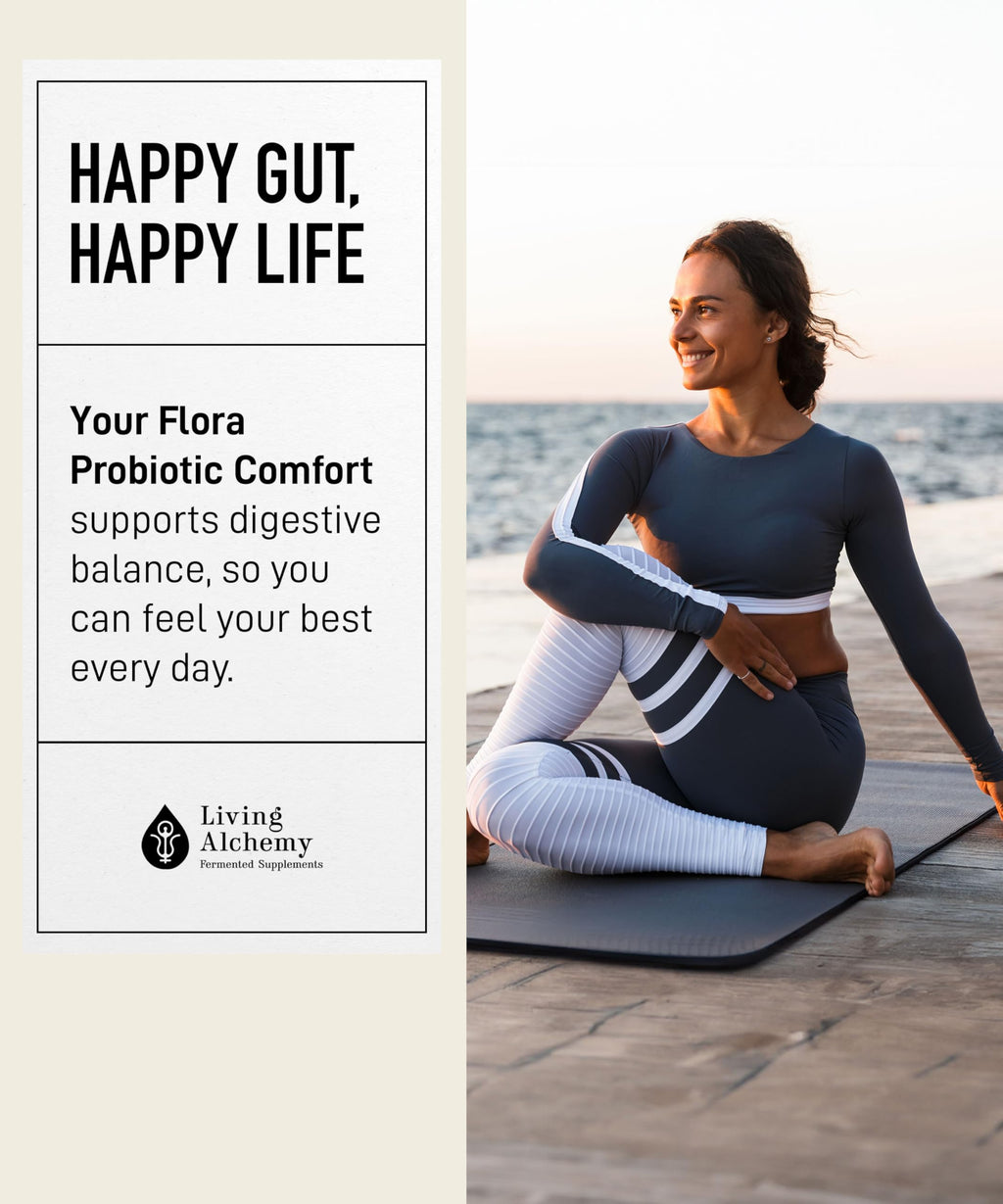 Your Flora Probiotic Comfort – Non-GMO Probiotics with Fermented Soybean, Chamomile, Fennel, Prebiotics, Digestive Enzymes for Digestion & Bloating – Prebiotics, Postbiotics – Living Alchemy, 60 Pcs Living Alchemy Au supplements