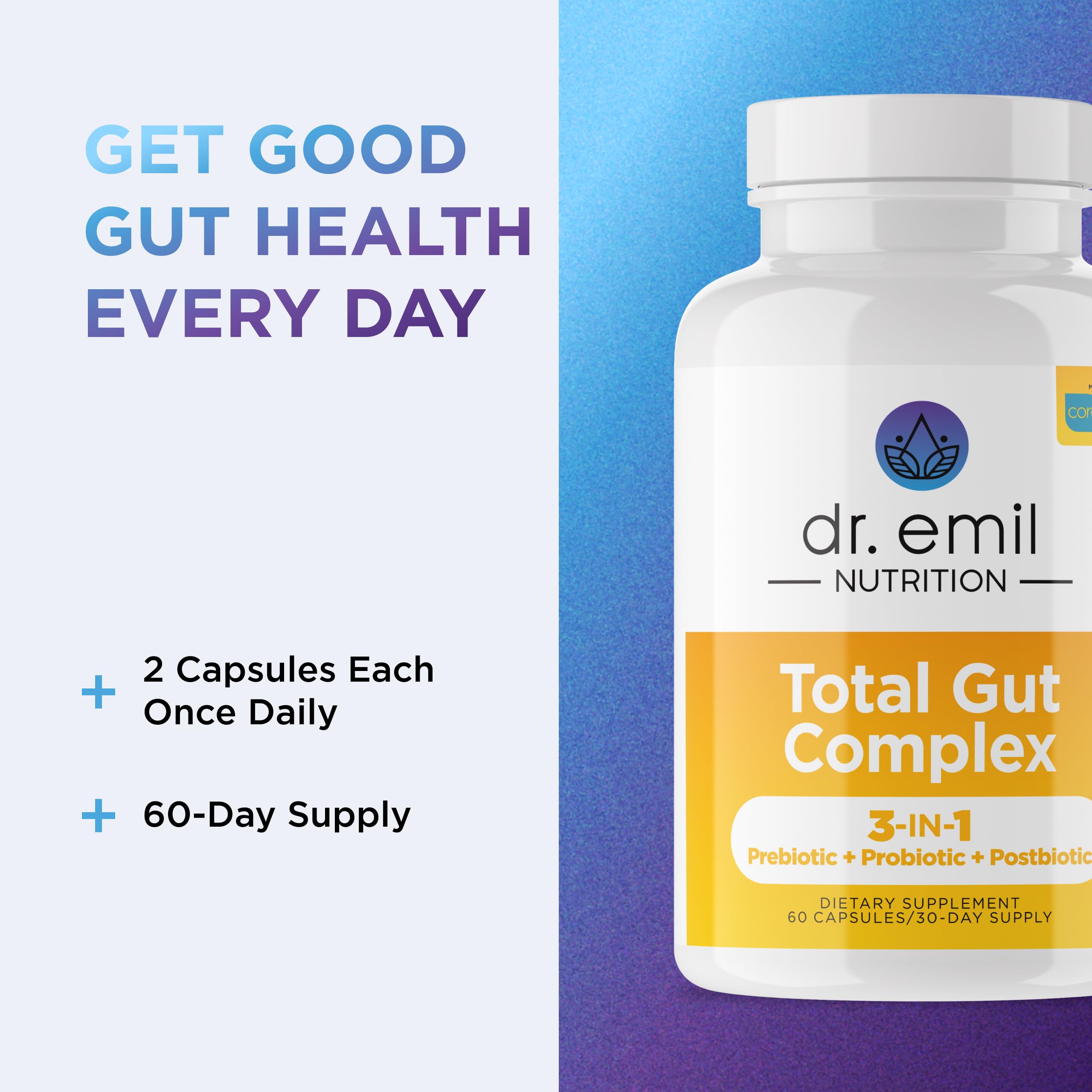 DR. EMIL NUTRITION Women & Men Total Gut Health Complex | Prebiotic + Probiotic + Postbiotic Gut Health Supplements
