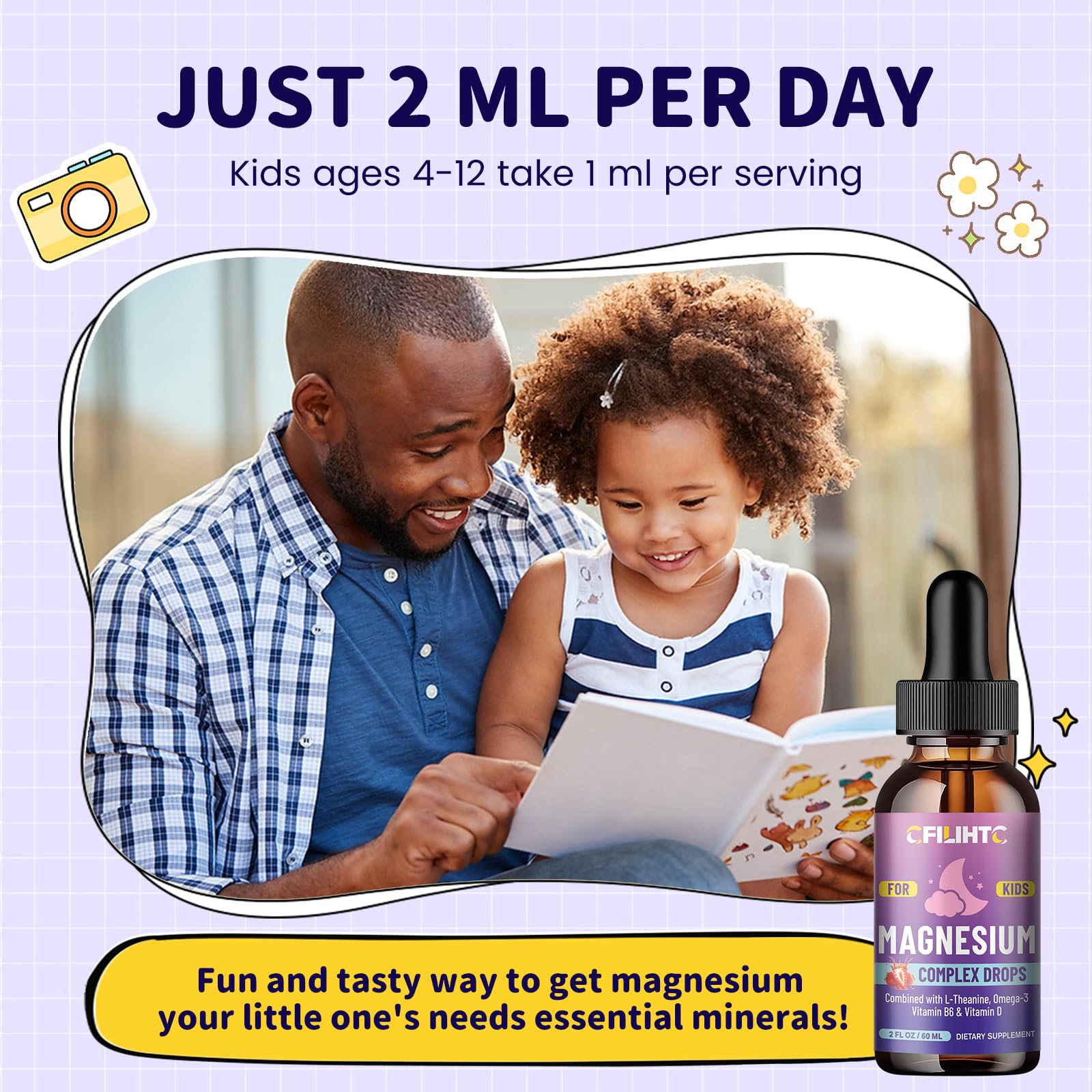 Kids Magnesium Liquid Drops-Magnesium Glycinate Liquid for Kids Supplement-w/L-theanine, Omega-3, Vitamin B6, D3 - for Sleep, Relaxation, Brain, Bones