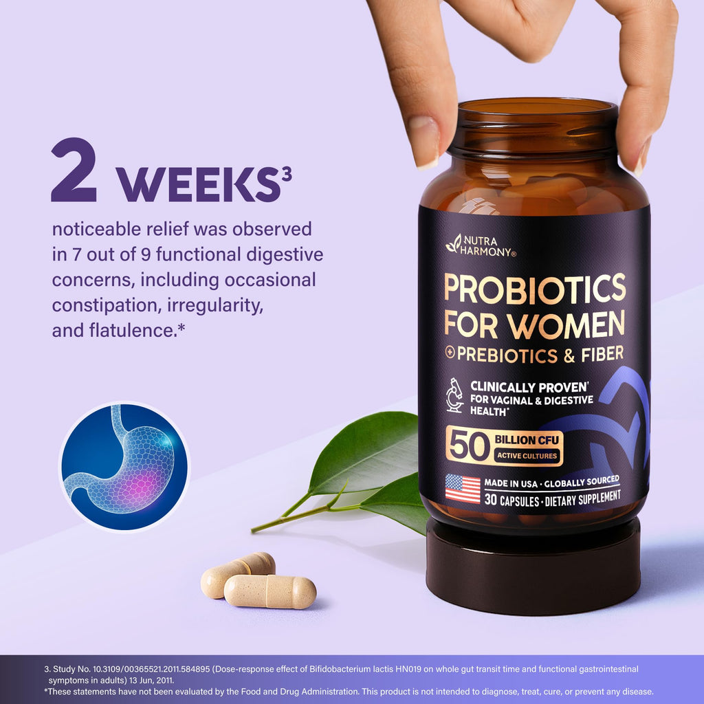 Probiotics for Women 50 Billion CFU - Vaginal Probiotics Clinically Proven for Yeast & pH Balance - Digestion & Bloating Relief - 8 Strains + Prebiotics - Delay Release - Made in USA, 30 Capsules NUTRAHARMONY Au supplements