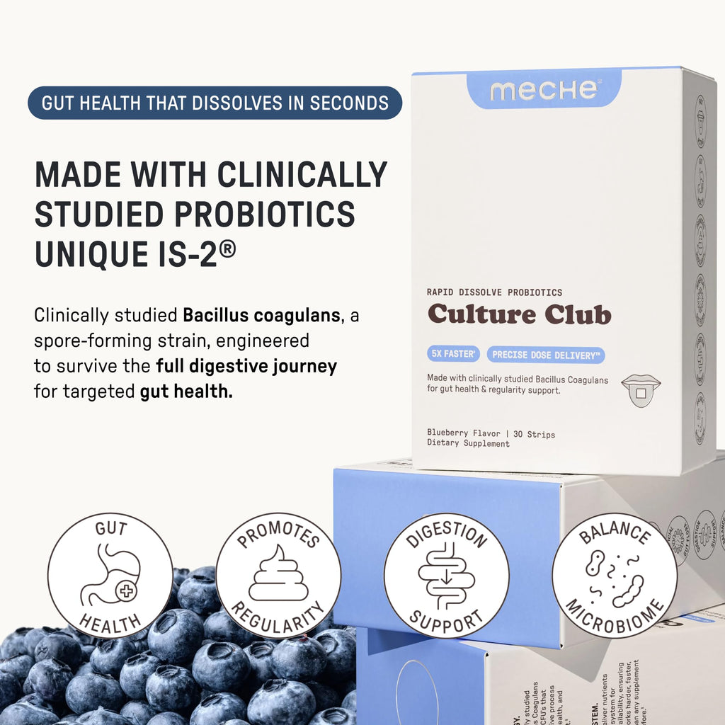 Meche Culture Club Probiotics for Digestive Health and Regularity - 5 Billion CFUs, Probiotics for Women and Men - Gut Health Supplements - Dissolve Strips