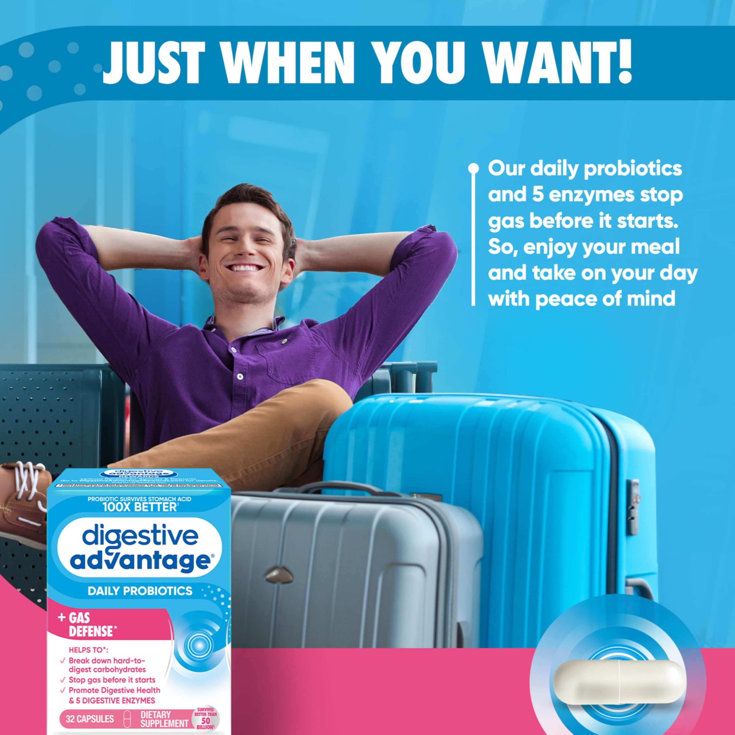 Digestive Enzyme and Probiotic Capsule- Digestive Advantage 32 Capsules, Survives 100x Better than regular 50 billion CFU, Breaks down food, helps prevent gas Digestive Advantage Au supplements