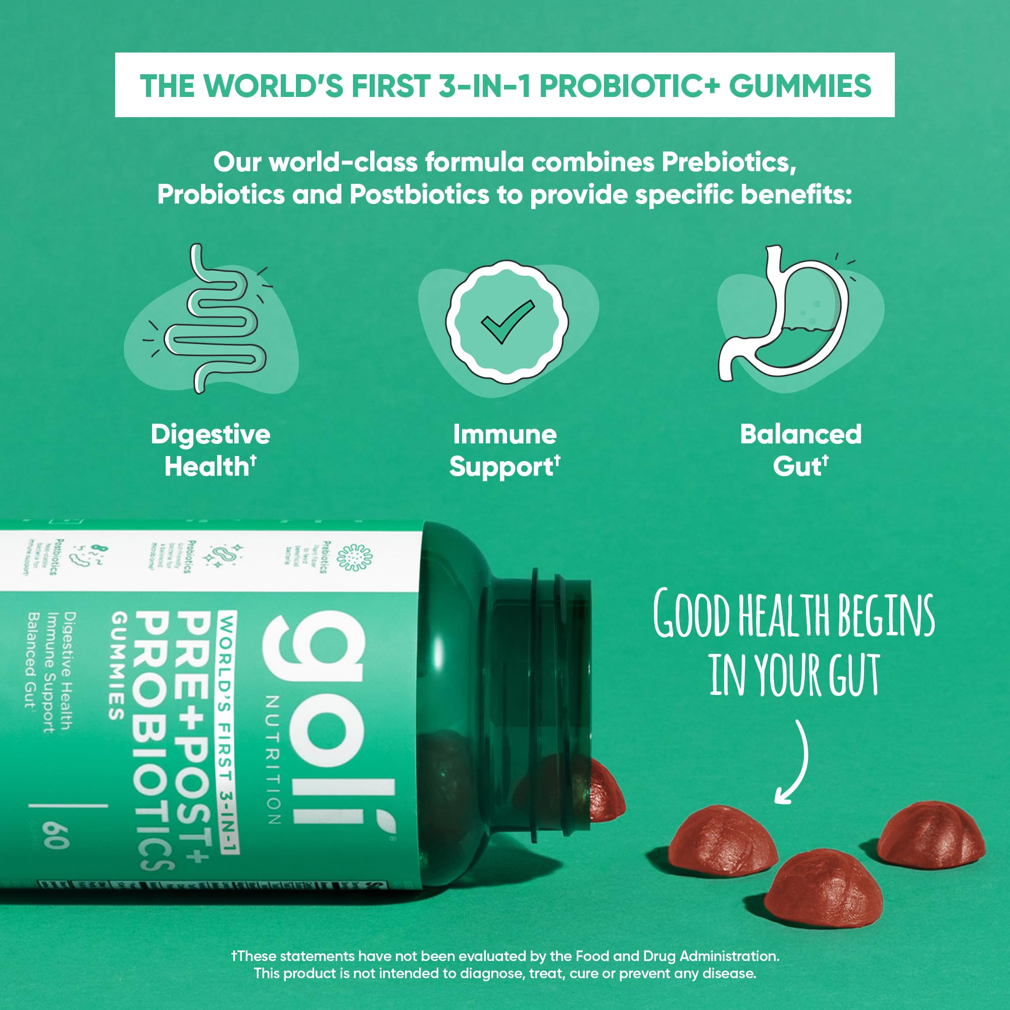 Goli Pre Pro Postbiotic Gummies - Worlds First 3-in-1 Formula with DE111 Probiotics, XOS Prebiotics, MCC1849 Postbiotics - Vegan, Non-GMO,