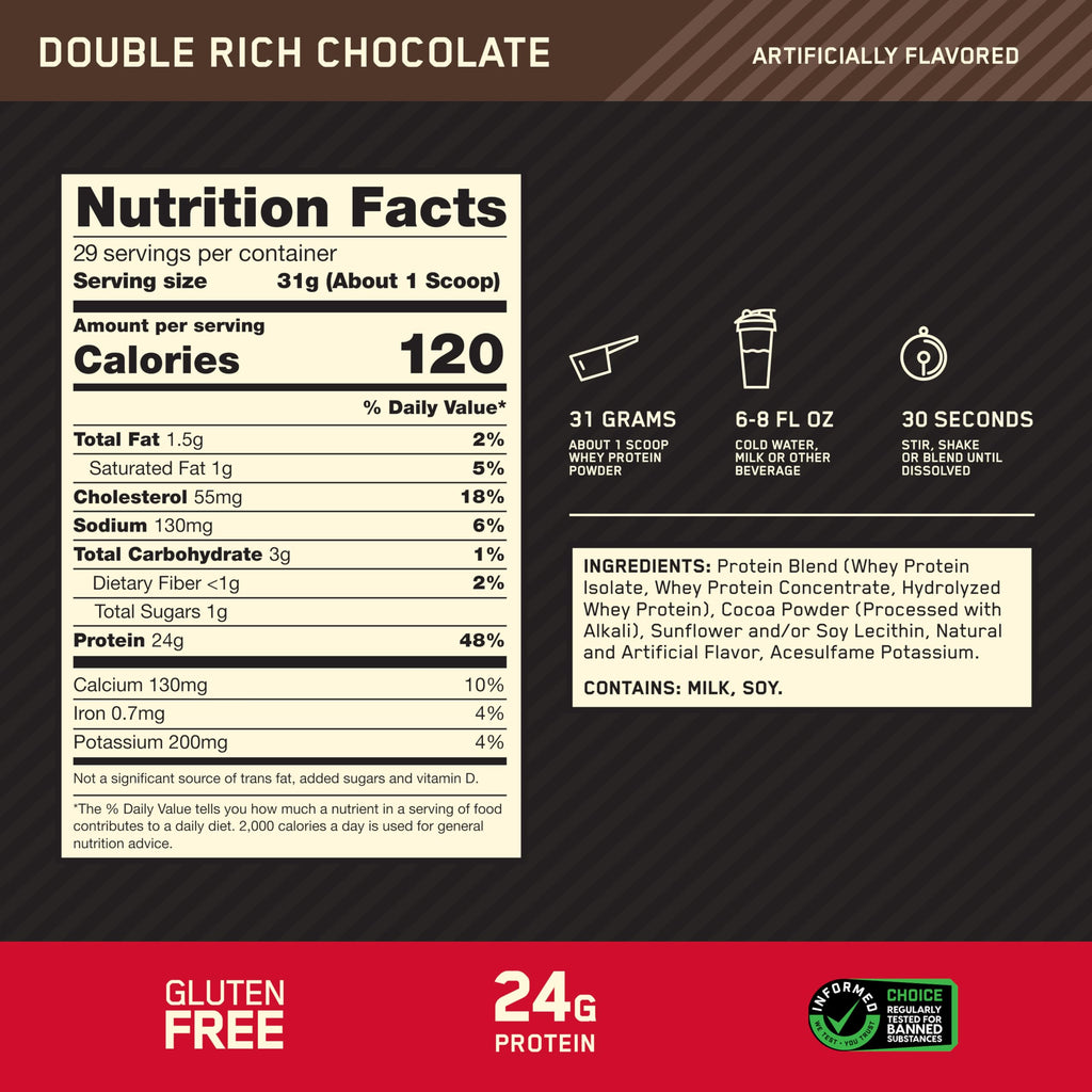 Optimum Nutrition Gold Standard 100% Whey Protein Powder, Double Rich Chocolate 1.98 Pound (Packaging May Vary) Optimum Nutrition Au supplements