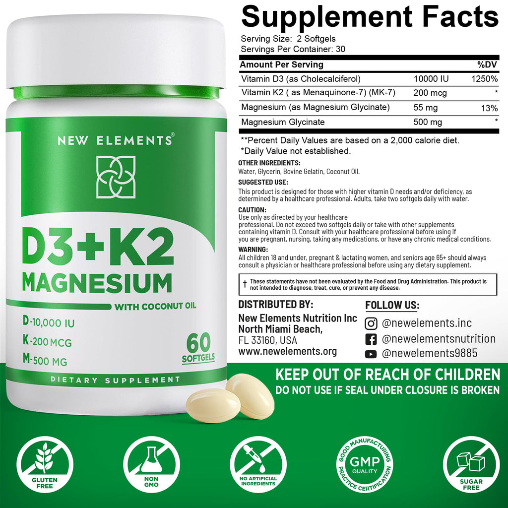 New Elements Vitamin D3 K2 10,000 IU with Magnesium Glycinate 500mg - Bone Health, Immune Support, Energy & Mood - Non-GMO, Gluten-Free