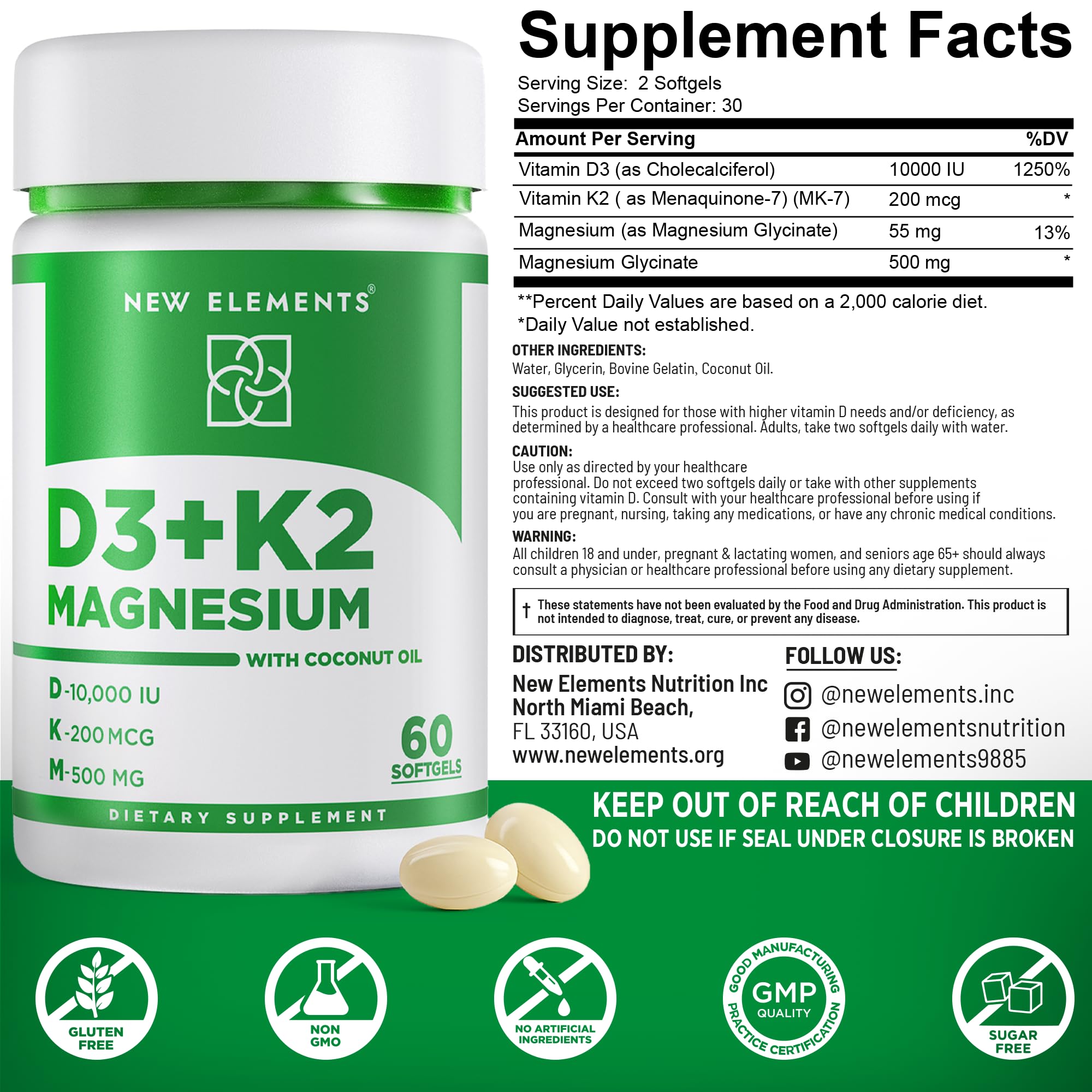 New Elements Vitamin D3 K2 10,000 IU with Magnesium Glycinate 500mg - Bone Health, Immune Support, Energy & Mood - Non-GMO, Gluten-Free