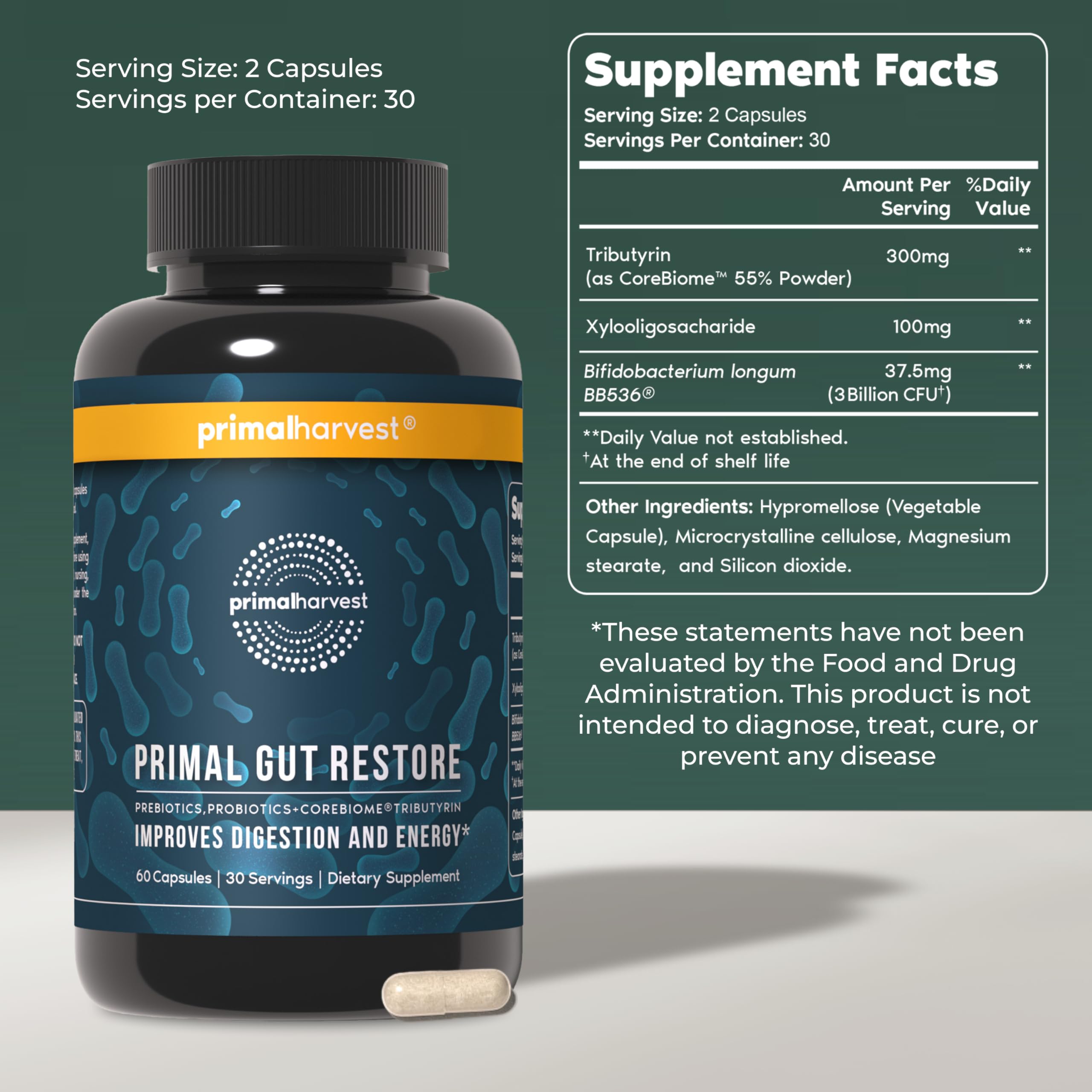Primal Harvest Restore for Gut Health, Primal Gut Restore w/POSTbiotics, PREbiotics and PRObiotics for Women and Men, 60 CT - Digestion, Colon Cleanse,